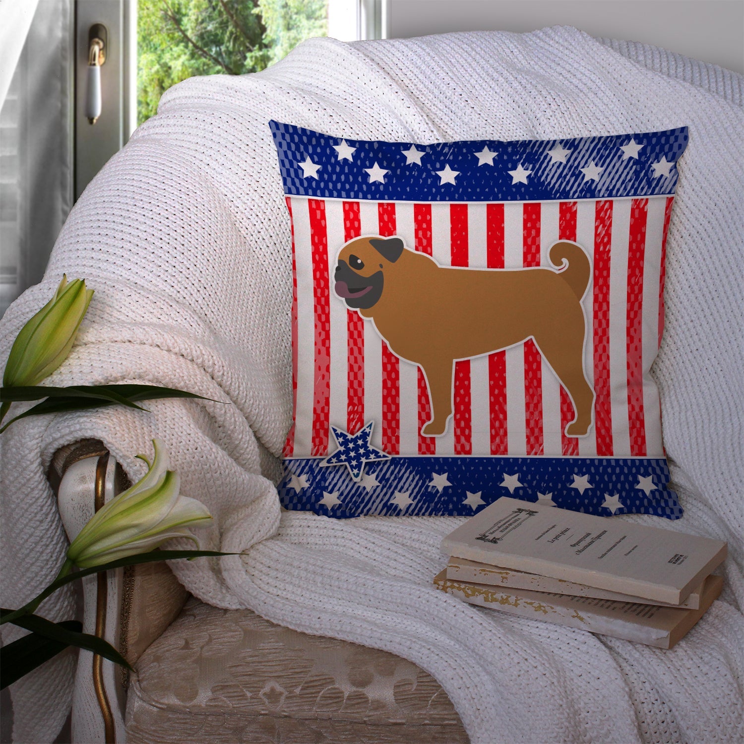USA Patriotic Pug Decorative Throw Pillow 14x14 Indoor Outdoor Accent Cushion, Fabric Cover with Insert for Sofa, Bed, Porch & Living Room