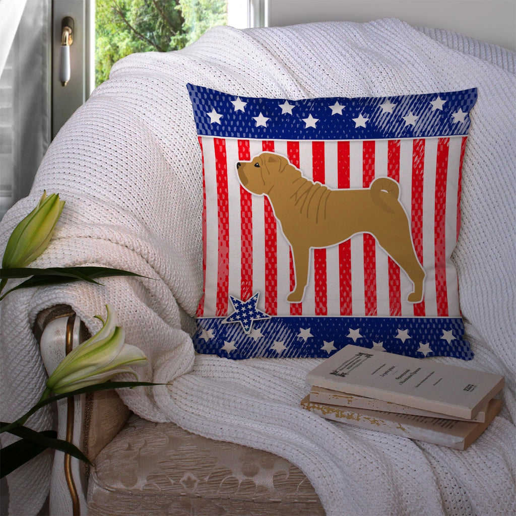 USA Patriotic Shar Pei Decorative Throw Pillow 14x14 Indoor Outdoor Accent Cushion, Fabric Cover with Insert for Sofa, Bed, Porch & Living Room