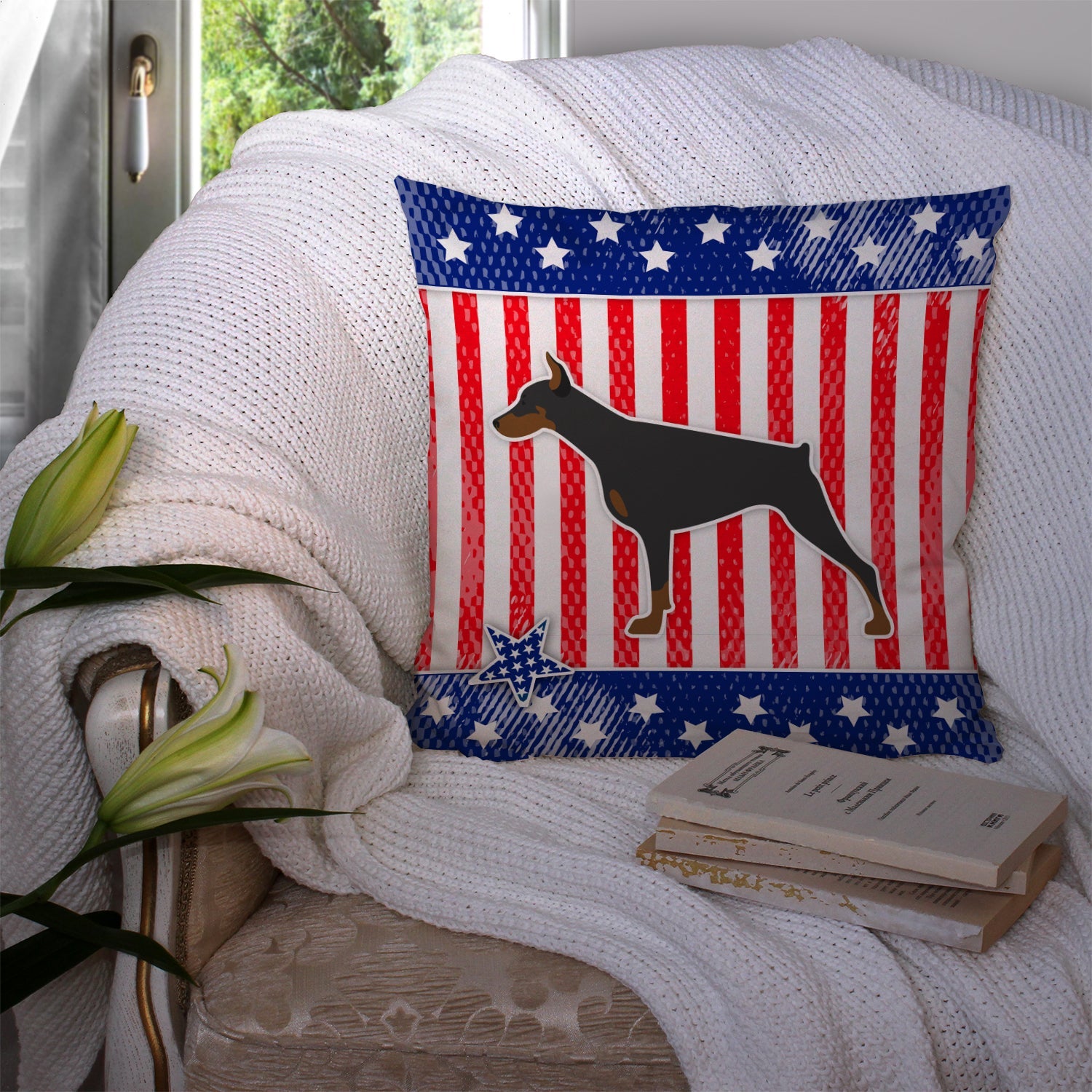 USA Patriotic Doberman Pinscher Decorative Throw Pillow 14x14 Indoor Outdoor Accent Cushion, Fabric Cover with Insert for Sofa, Bed, Porch & Living Room