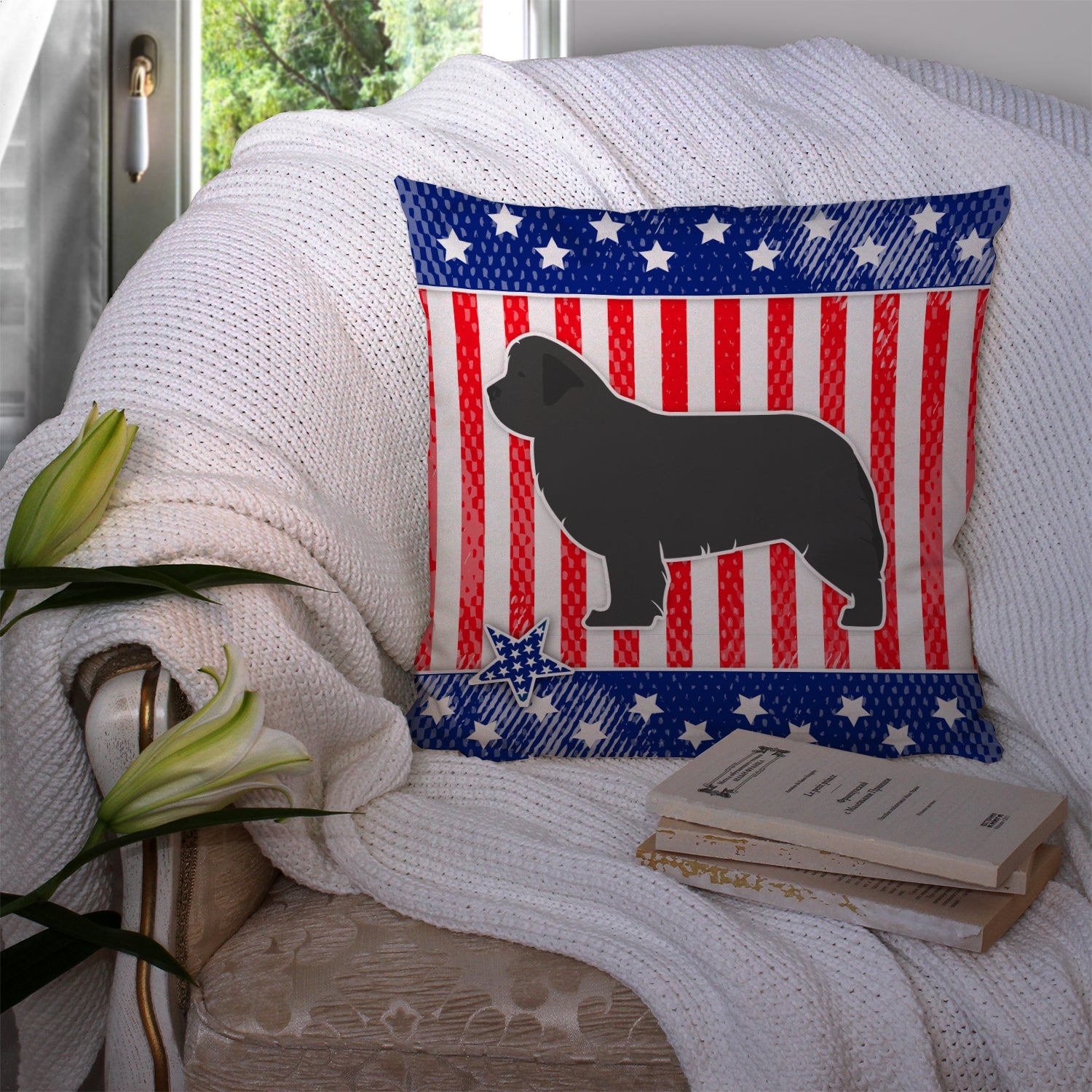 USA Patriotic Newfoundland Decorative Throw Pillow 14x14 Indoor Outdoor Accent Cushion, Fabric Cover with Insert for Sofa, Bed, Porch & Living Room