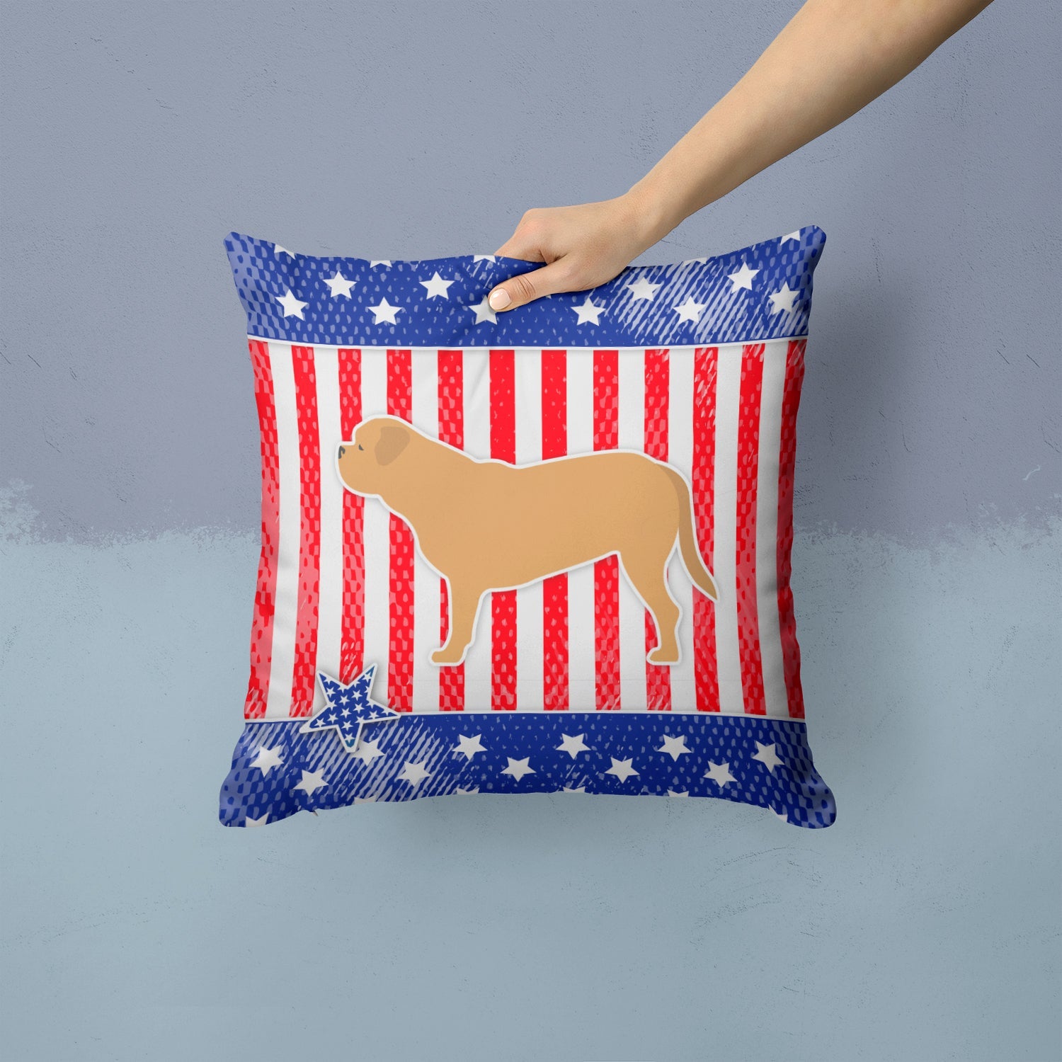 USA Patriotic Dogue de Bordeaux Decorative Throw Pillow 14x14 Indoor Outdoor Accent Cushion, Fabric Cover with Insert for Sofa, Bed, Porch & Living Room
