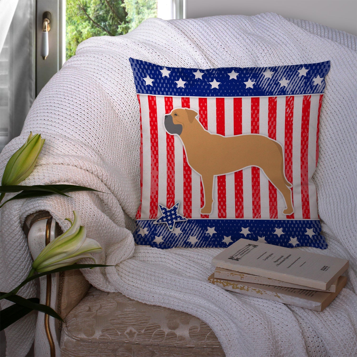 USA Patriotic Bullmastiff Decorative Throw Pillow 14x14 Indoor Outdoor Accent Cushion, Fabric Cover with Insert for Sofa, Bed, Porch & Living Room