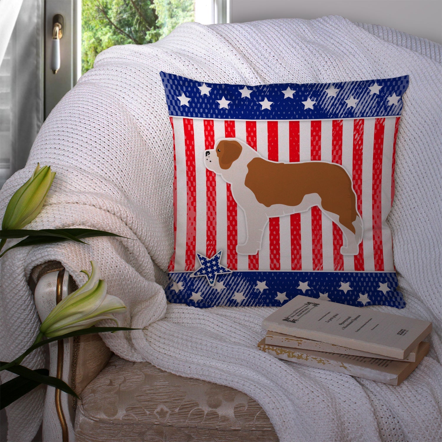 USA Patriotic Saint Bernard Decorative Throw Pillow 14x14 Indoor Outdoor Accent Cushion, Fabric Cover with Insert for Sofa, Bed, Porch & Living Room