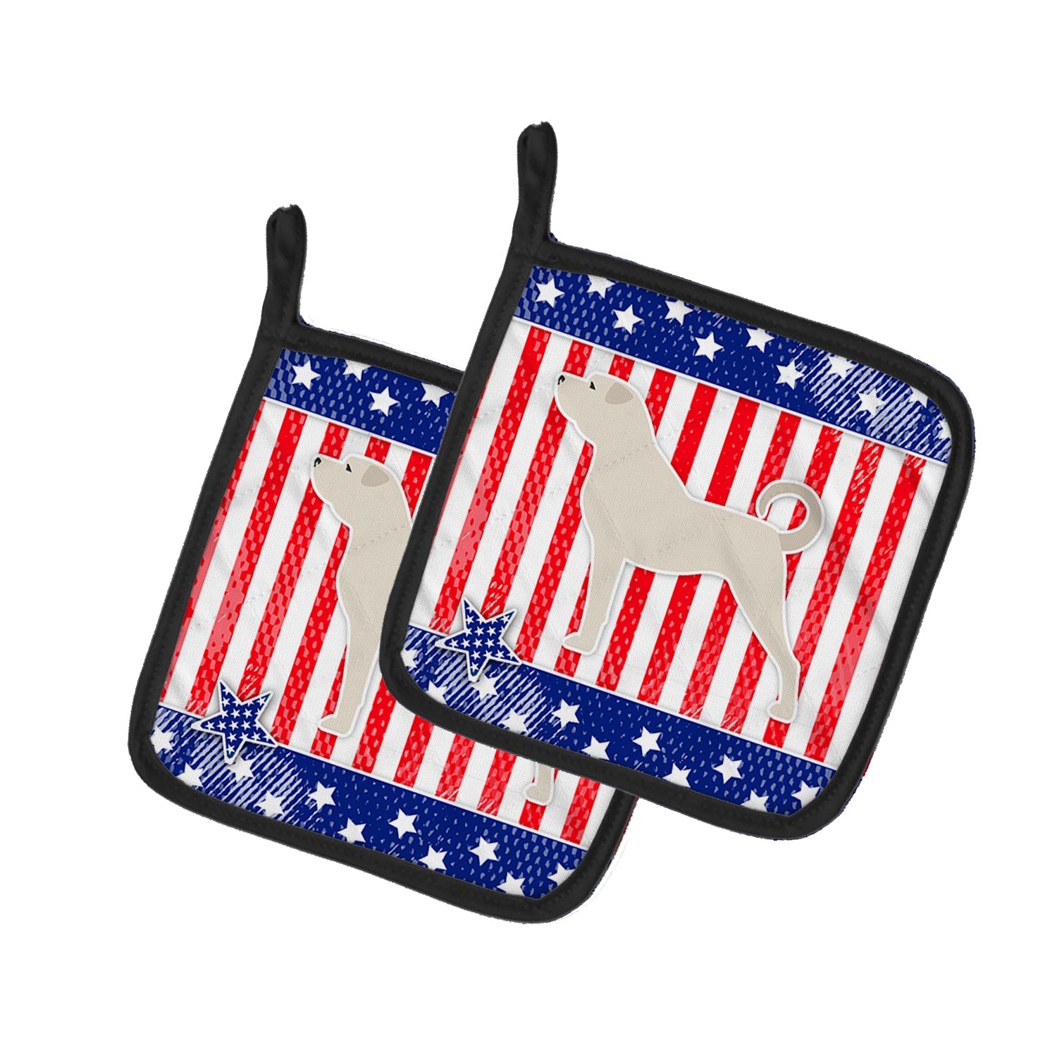 USA Patriotic Anatolian Shepherd Pot Holder Set of 2 Heat Resistant Quilted Hot Pads 7.5 x 7.5 Inch, Insulated Kitchen Trivets for Cooking & Baking