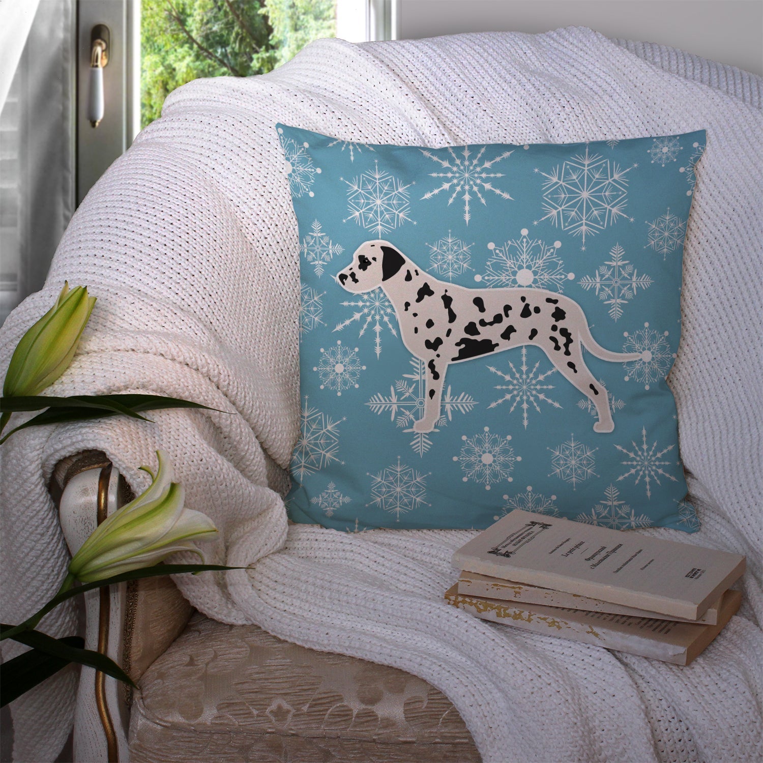 Winter Snowflake Dalmatian Decorative Throw Pillow 14x14 Indoor Outdoor Accent Cushion, Fabric Cover with Insert for Sofa, Bed, Porch & Living Room