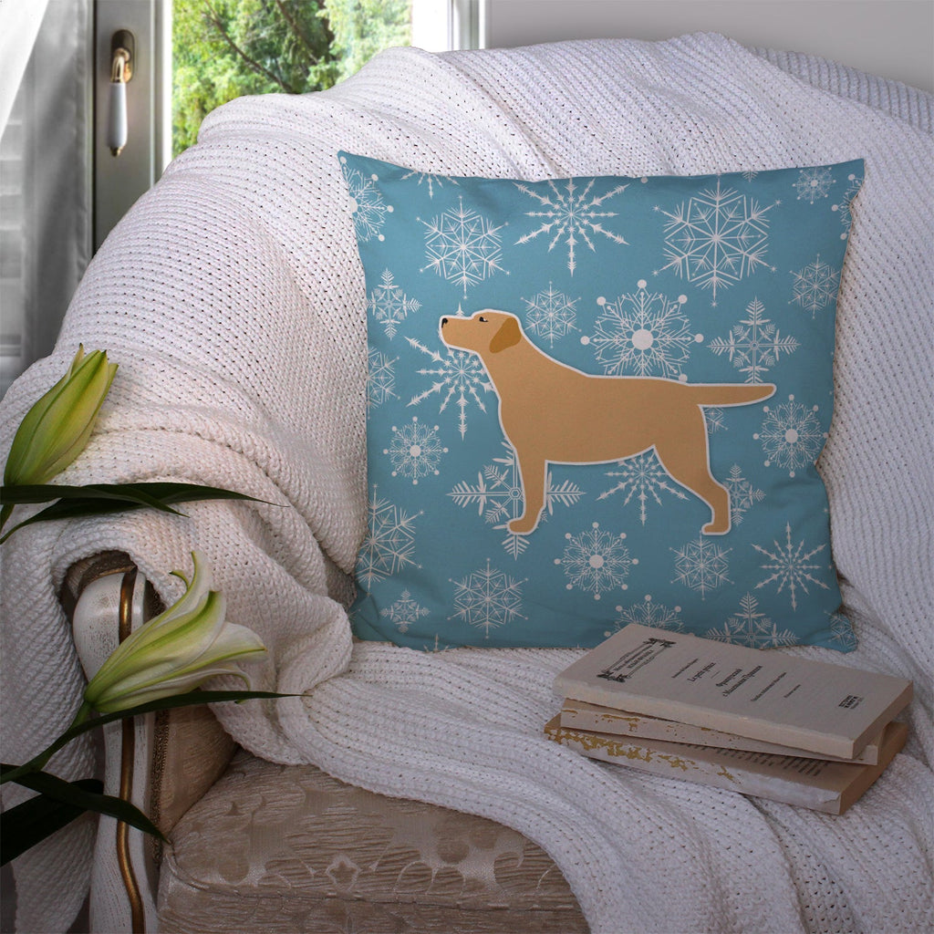 Winter Snowflake Yellow Labrador Retriever Decorative Throw Pillow 14x14 Indoor Outdoor Accent Cushion, Fabric Cover with Insert for Sofa, Bed, Porch & Living Room