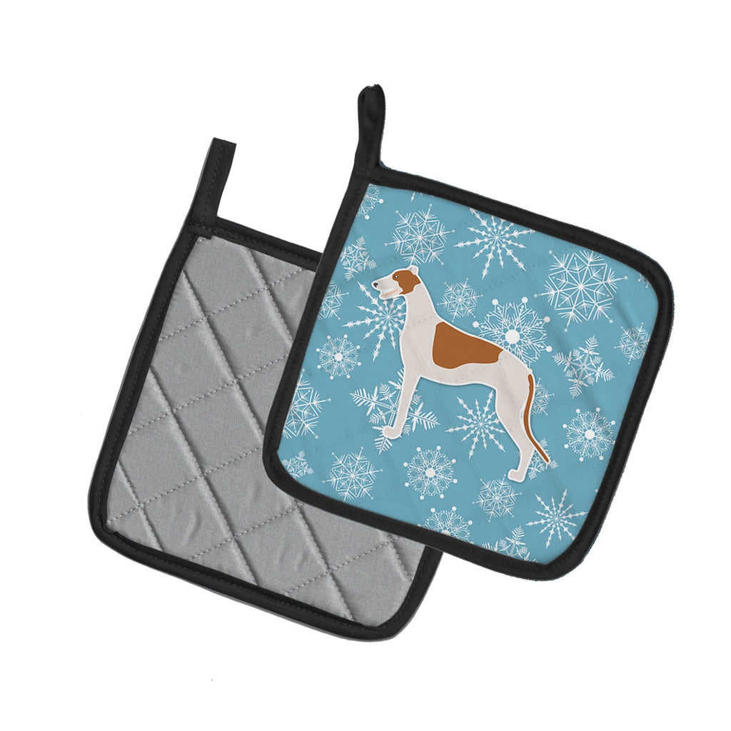 Winter Snowflake Greyhound Pot Holder Set of 2 Heat Resistant Quilted Hot Pads 7.5 x 7.5 Inch, Insulated Kitchen Trivets for Cooking & Baking