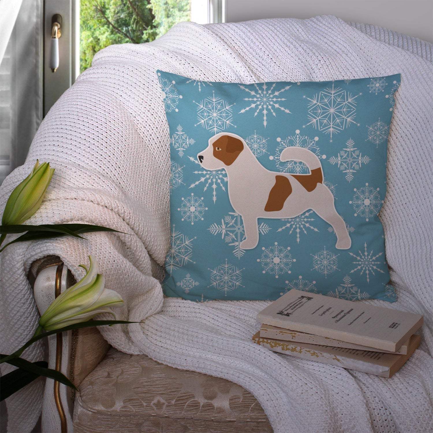 Winter Snowflake Jack Russell Terrier Decorative Throw Pillow 14x14 Indoor Outdoor Accent Cushion, Fabric Cover with Insert for Sofa, Bed, Porch & Living Room