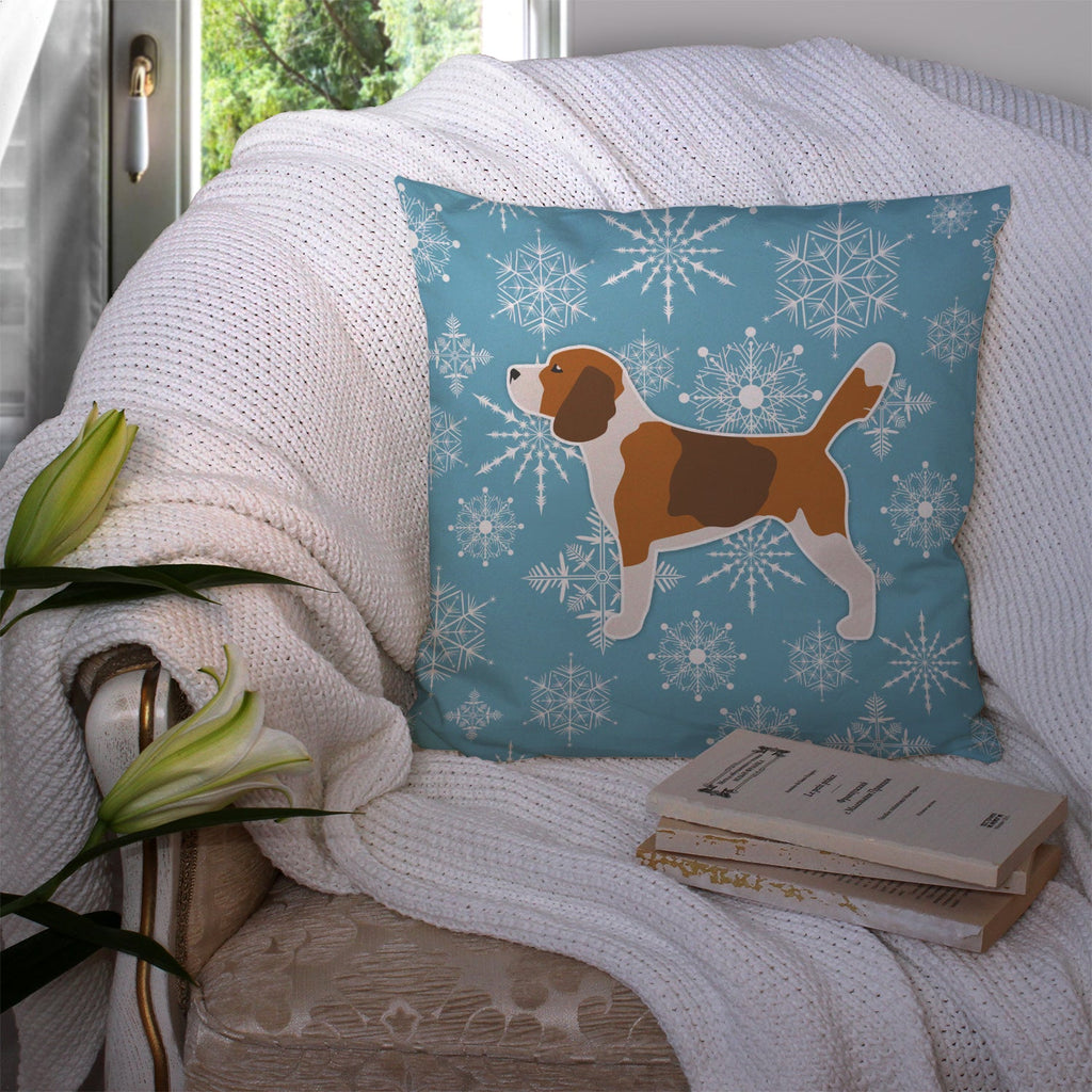 Winter Snowflake Beagle Decorative Throw Pillow 14x14 Indoor Outdoor Accent Cushion, Fabric Cover with Insert for Sofa, Bed, Porch & Living Room