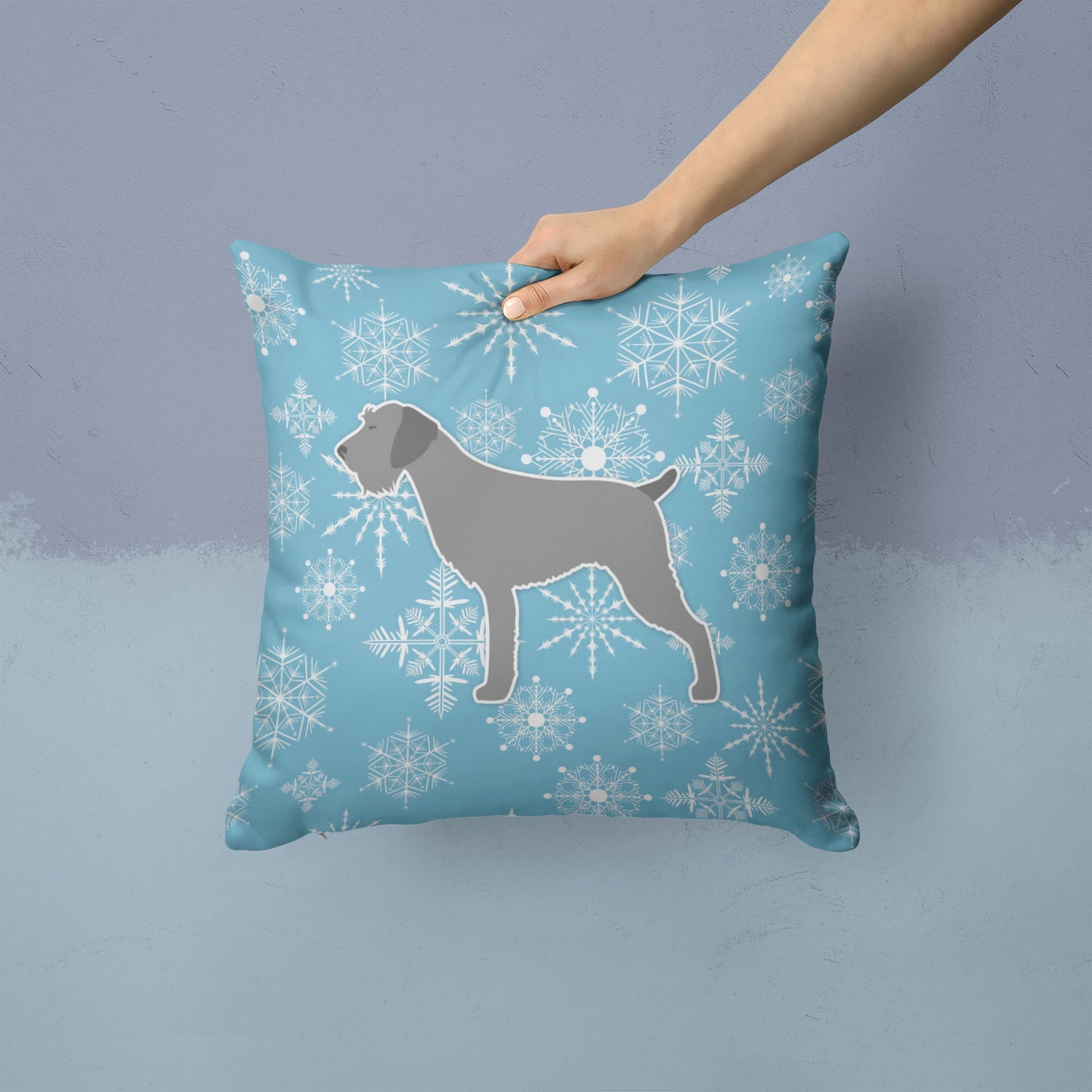 Winter Snowflake German Wirehaired Pointer Decorative Throw Pillow 14x14 Indoor Outdoor Accent Cushion, Fabric Cover with Insert for Sofa, Bed, Porch & Living Room