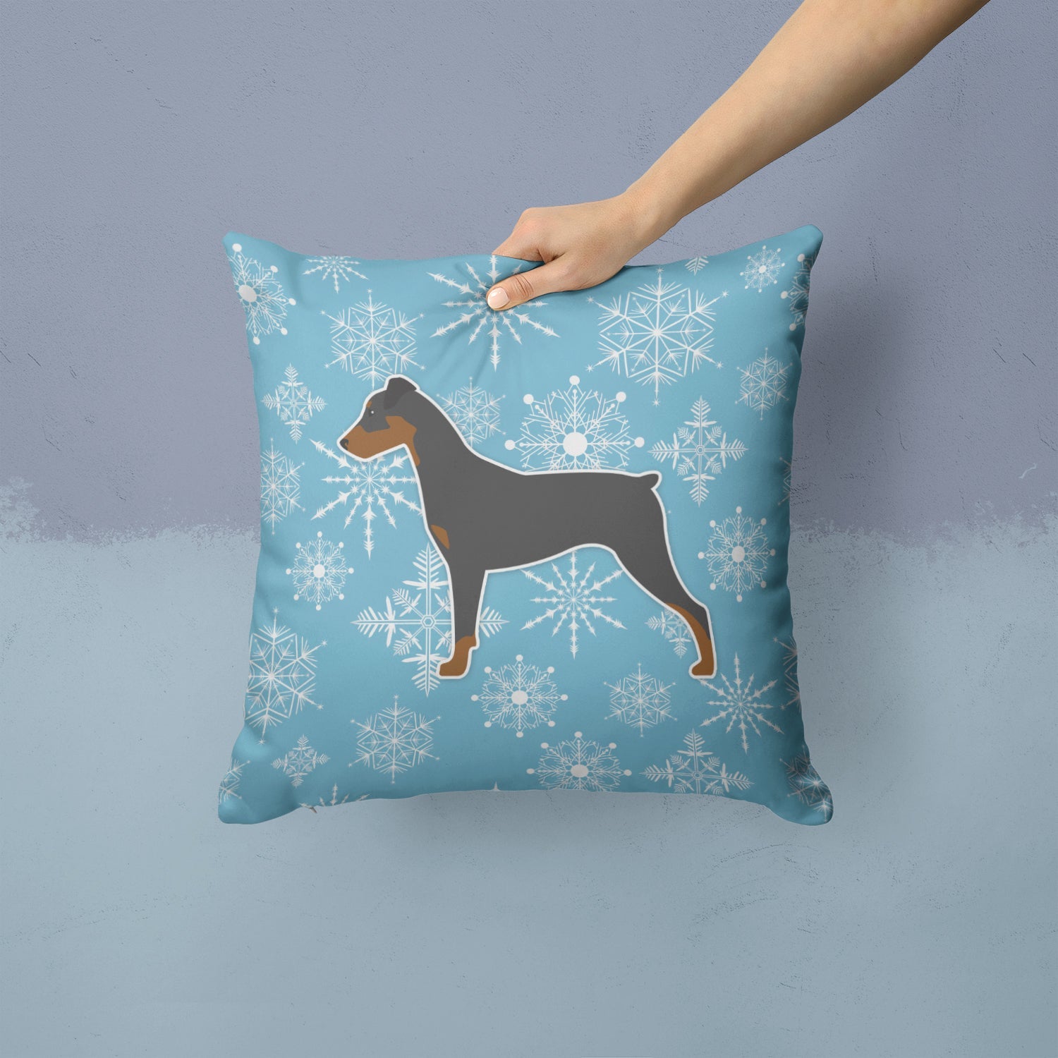 Winter Snowflake German Pinscher Decorative Throw Pillow 14x14 Indoor Outdoor Accent Cushion, Fabric Cover with Insert for Sofa, Bed, Porch & Living Room
