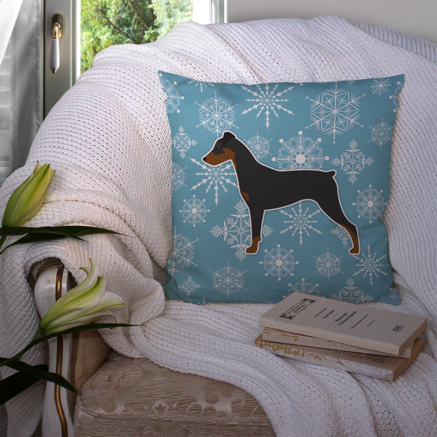 Winter Snowflake German Pinscher Decorative Throw Pillow 14x14 Indoor Outdoor Accent Cushion, Fabric Cover with Insert for Sofa, Bed, Porch & Living Room