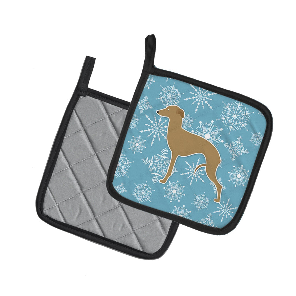 Winter Snowflake Italian Greyhound Pot Holder Set of 2 Heat Resistant Quilted Hot Pads 7.5 x 7.5 Inch, Insulated Kitchen Trivets for Cooking & Baking