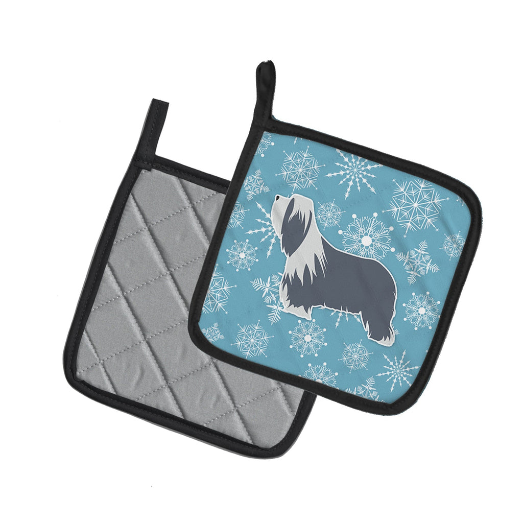 Winter Snowflake Bearded Collie Pot Holder Set of 2 Heat Resistant Quilted Hot Pads 7.5 x 7.5 Inch, Insulated Kitchen Trivets for Cooking & Baking