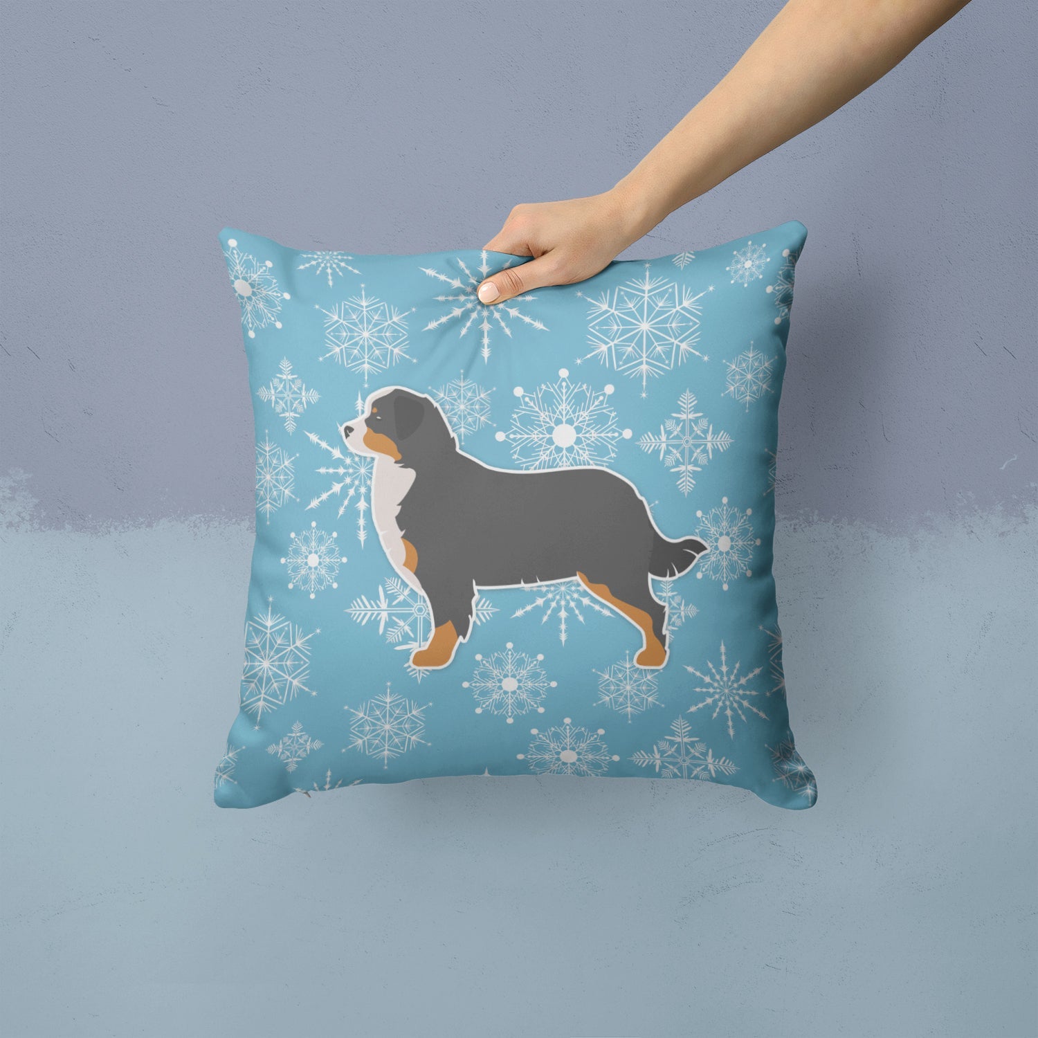 Winter Snowflake Bernese Mountain Dog Decorative Throw Pillow 14x14 Indoor Outdoor Accent Cushion, Fabric Cover with Insert for Sofa, Bed, Porch & Living Room