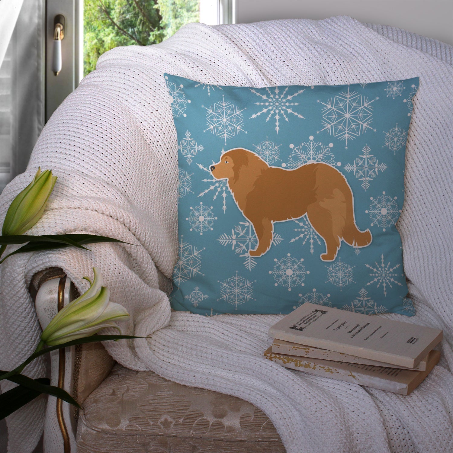 Winter Snowflake Caucasian Shepherd Dog Decorative Throw Pillow 14x14 Indoor Outdoor Accent Cushion, Fabric Cover with Insert for Sofa, Bed, Porch & Living Room