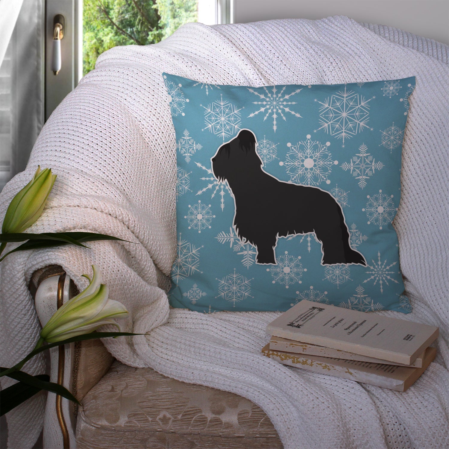 Winter Snowflake Briard Decorative Throw Pillow 14x14 Indoor Outdoor Accent Cushion, Fabric Cover with Insert for Sofa, Bed, Porch & Living Room