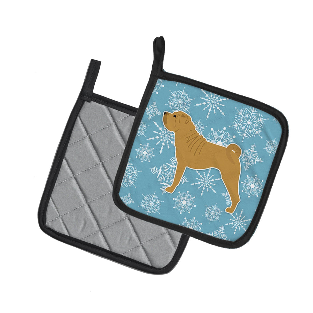 Winter Snowflake Shar Pei Merry Pot Holder Set of 2 Heat Resistant Quilted Hot Pads 7.5 x 7.5 Inch, Insulated Kitchen Trivets for Cooking & Baking