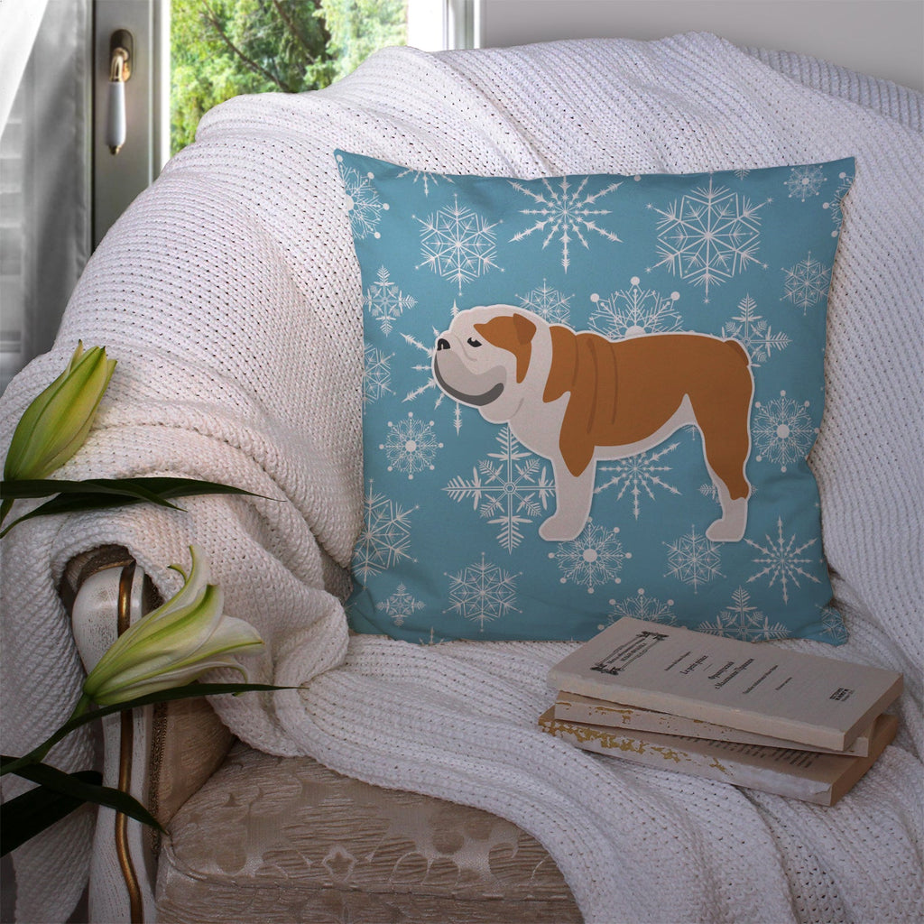Winter Snowflake English Bulldog Decorative Throw Pillow 14x14 Indoor Outdoor Accent Cushion, Fabric Cover with Insert for Sofa, Bed, Porch & Living Room