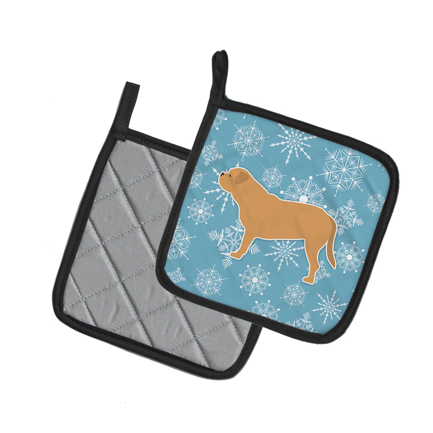 Winter Snowflake Dogue de Bordeaux Pot Holder Set of 2 Heat Resistant Quilted Hot Pads 7.5 x 7.5 Inch, Insulated Kitchen Trivets for Cooking & Baking