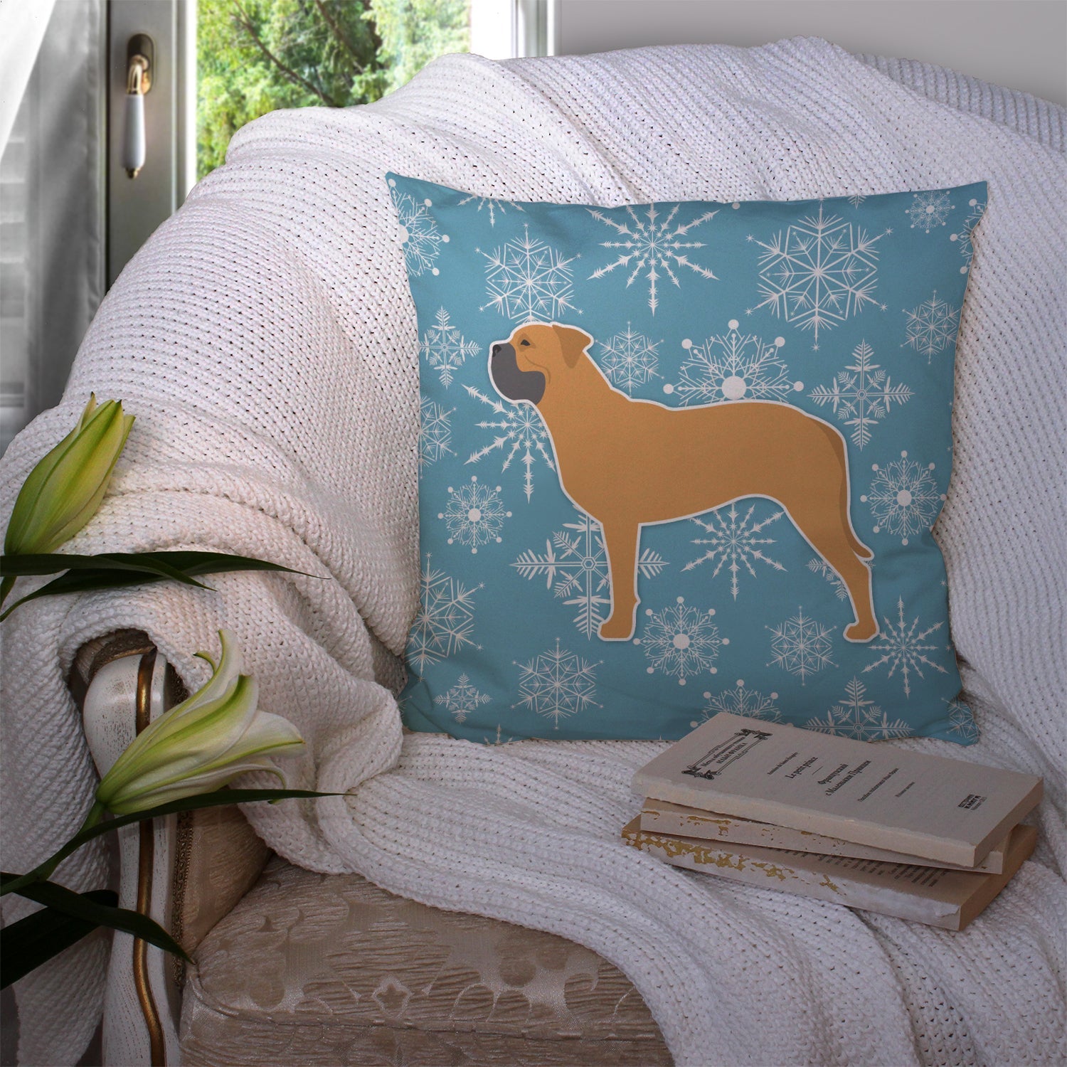 Winter Snowflake Bullmastiff Decorative Throw Pillow 14x14 Indoor Outdoor Accent Cushion, Fabric Cover with Insert for Sofa, Bed, Porch & Living Room