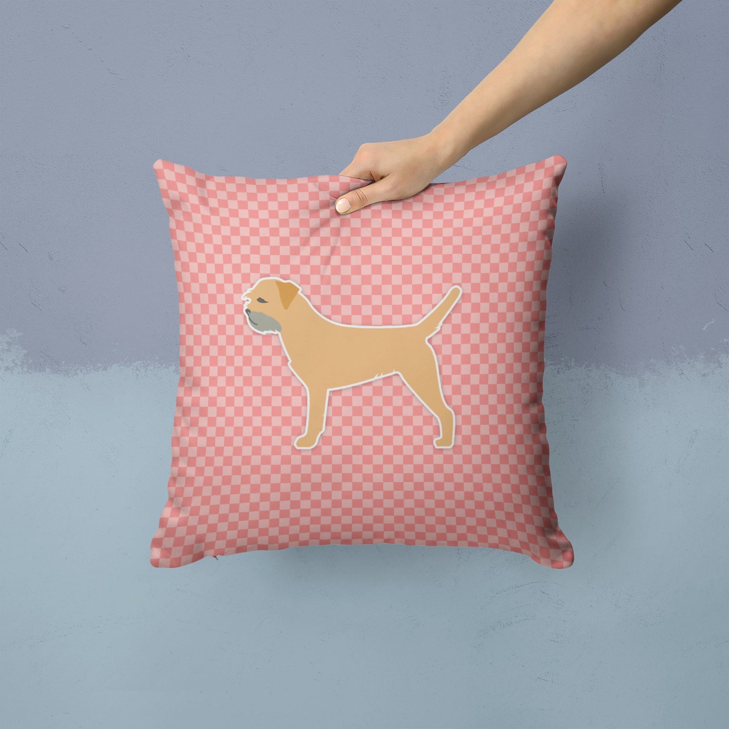 Border Terrier Checkerboard Pink Decorative Throw Pillow 14x14 Indoor Outdoor Accent Cushion, Fabric Cover with Insert for Sofa, Bed, Porch & Living Room