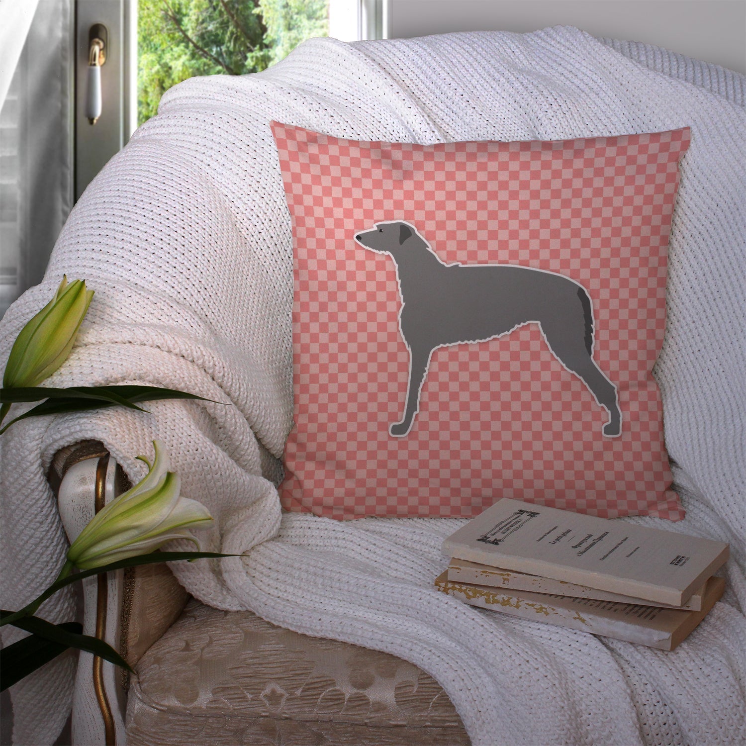 Scottish Deerhound Checkerboard Pink Decorative Throw Pillow 14x14 Indoor Outdoor Accent Cushion, Fabric Cover with Insert for Sofa, Bed, Porch & Living Room