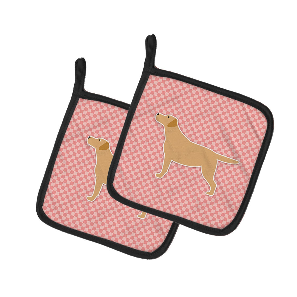 Yellow Labrador Retriever Checkerboard Pink Pot Holder Set of 2 Heat Resistant Quilted Hot Pads 7.5 x 7.5 Inch, Insulated Kitchen Trivets for Cooking & Baking
