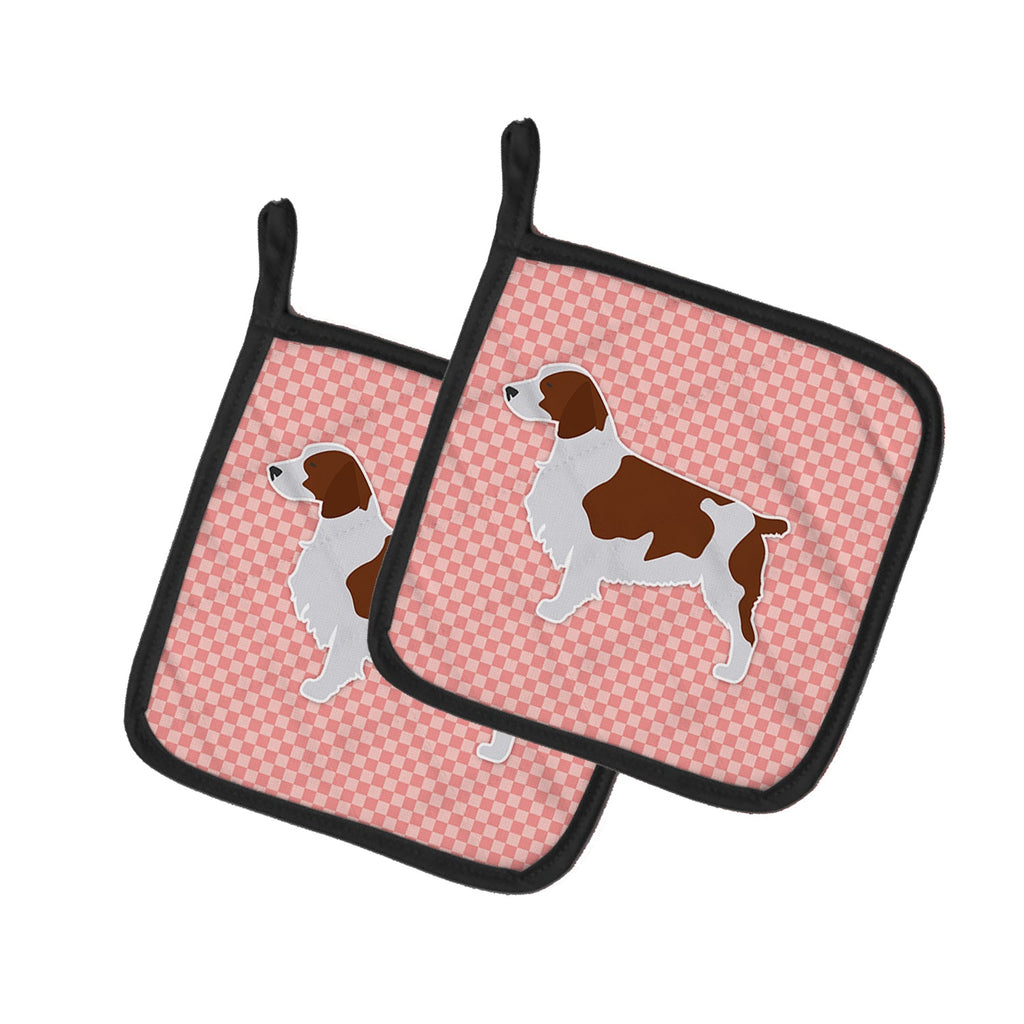 Welsh Springer Spaniel Checkerboard Pink Pot Holder Set of 2 Heat Resistant Quilted Hot Pads 7.5 x 7.5 Inch, Insulated Kitchen Trivets for Cooking & Baking