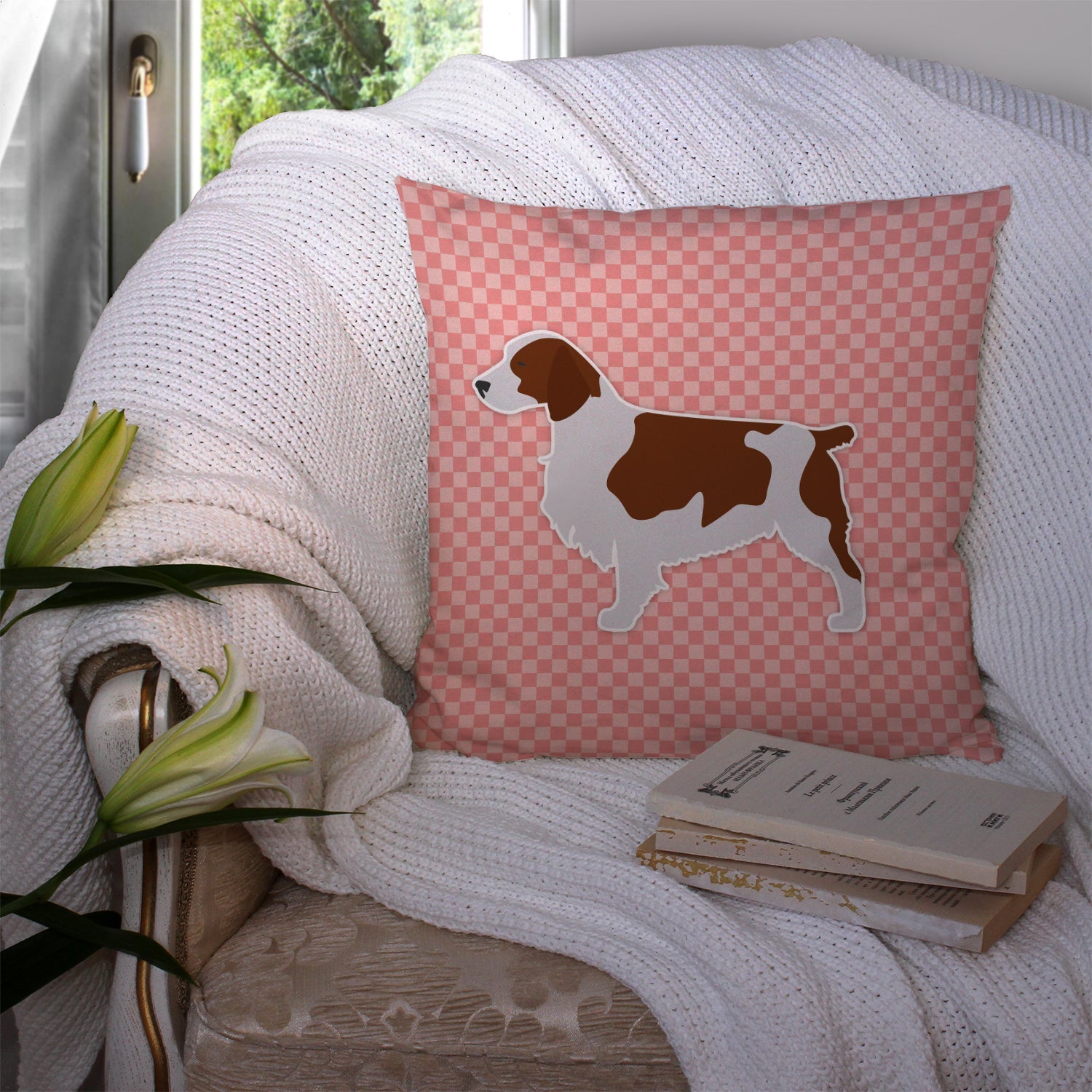 Welsh Springer Spaniel Checkerboard Pink Decorative Throw Pillow 14x14 Indoor Outdoor Accent Cushion, Fabric Cover with Insert for Sofa, Bed, Porch & Living Room
