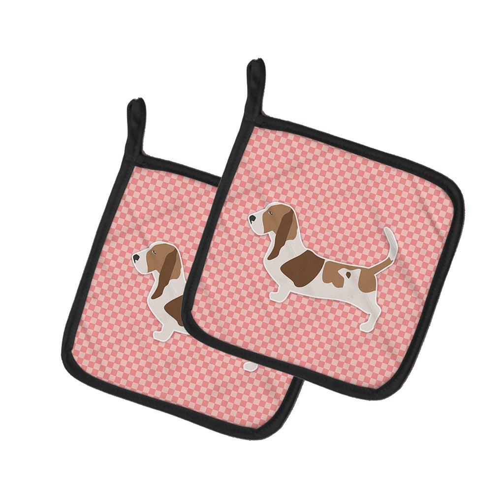 Basset Hound Checkerboard Pink Pot Holder Set of 2 Heat Resistant Quilted Hot Pads 7.5 x 7.5 Inch, Insulated Kitchen Trivets for Cooking & Baking