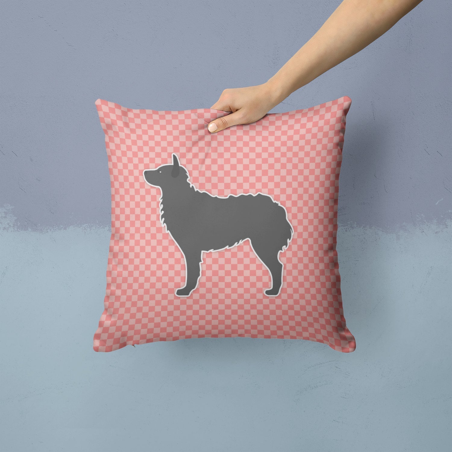 Croatian Sheepdog Checkerboard Pink Decorative Throw Pillow 14x14 Indoor Outdoor Accent Cushion, Fabric Cover with Insert for Sofa, Bed, Porch & Living Room