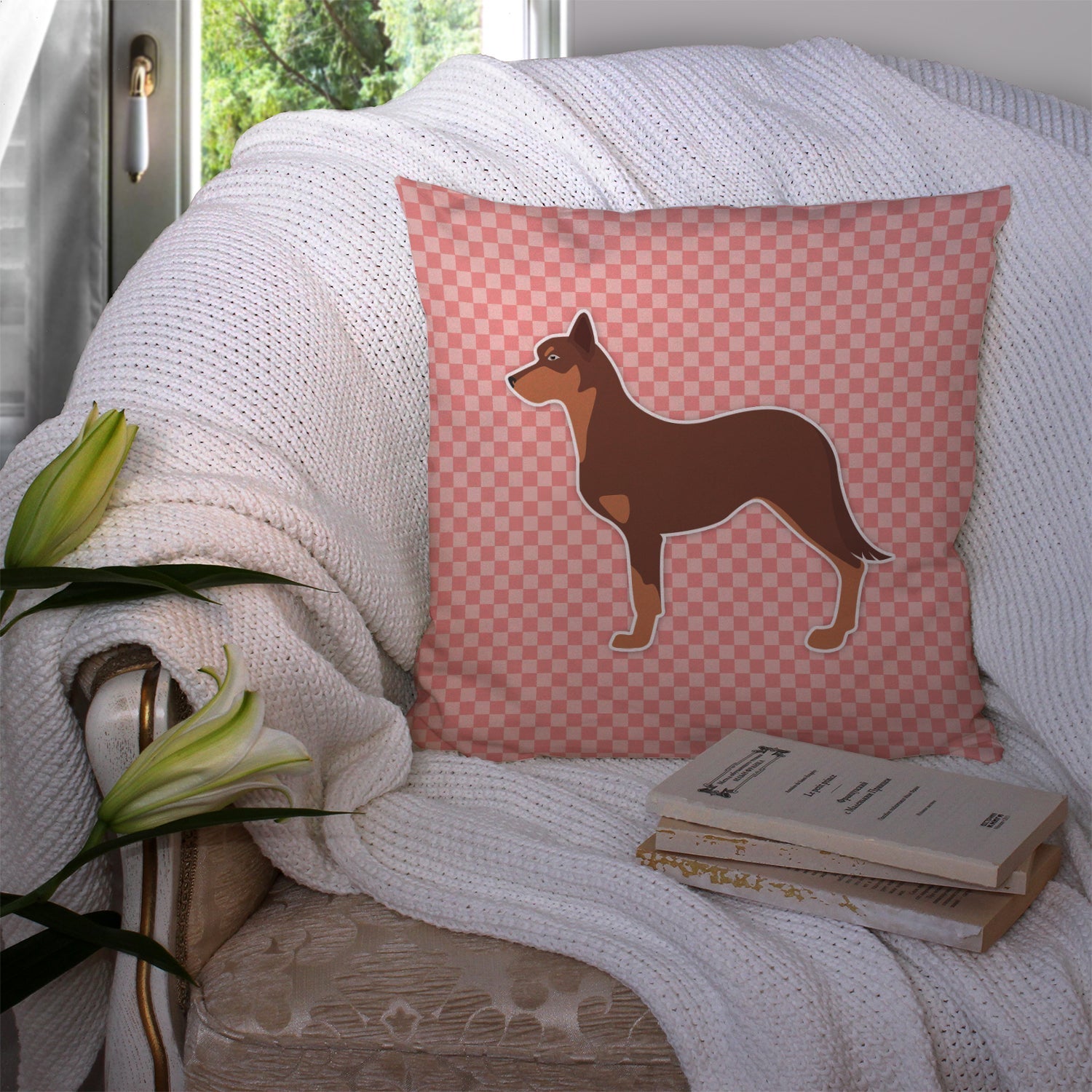 Australian Kelpie Dog Checkerboard Pink Decorative Throw Pillow 14x14 Indoor Outdoor Accent Cushion, Fabric Cover with Insert for Sofa, Bed, Porch & Living Room