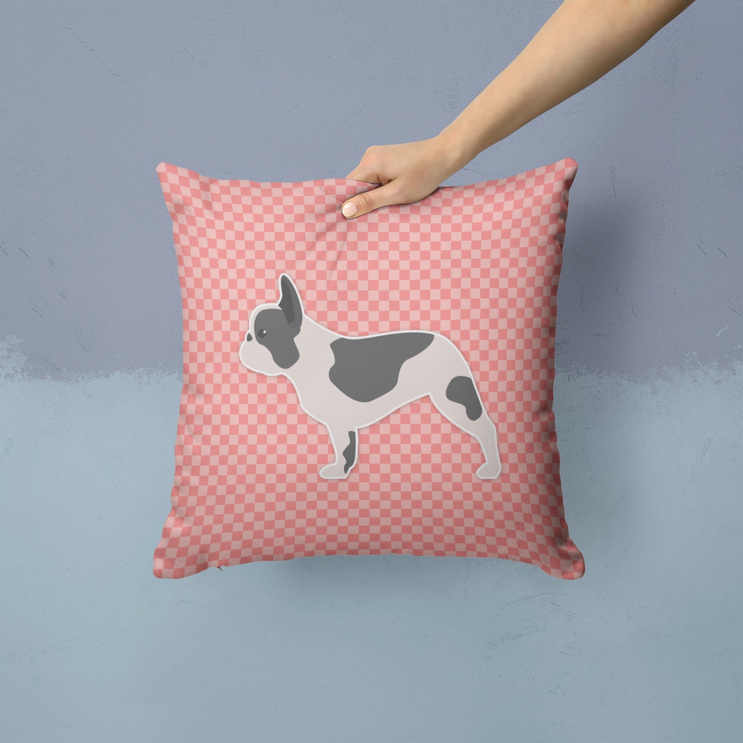 French Bulldog Checkerboard Pink Decorative Throw Pillow 14x14 Indoor Outdoor Accent Cushion, Fabric Cover with Insert for Sofa, Bed, Porch & Living Room