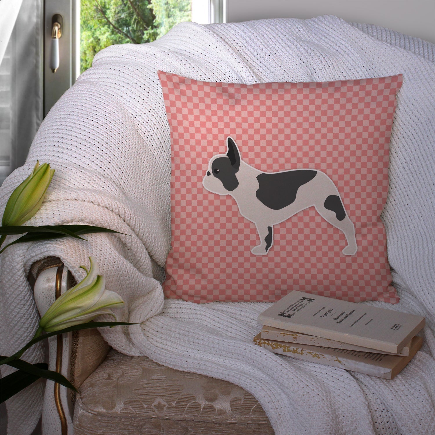 French Bulldog Checkerboard Pink Decorative Throw Pillow 14x14 Indoor Outdoor Accent Cushion, Fabric Cover with Insert for Sofa, Bed, Porch & Living Room