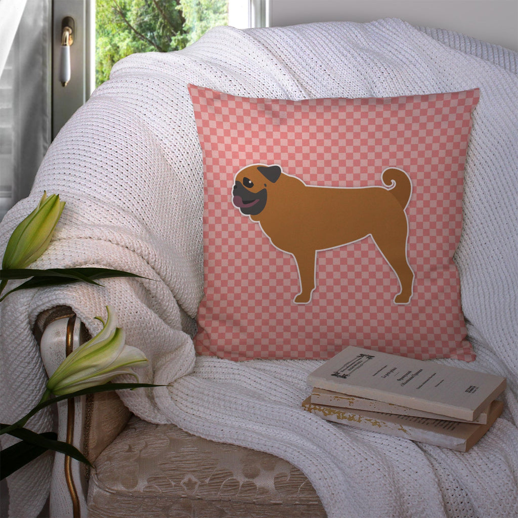 Pug Checkerboard Pink Decorative Throw Pillow 14x14 Indoor Outdoor Accent Cushion, Fabric Cover with Insert for Sofa, Bed, Porch & Living Room