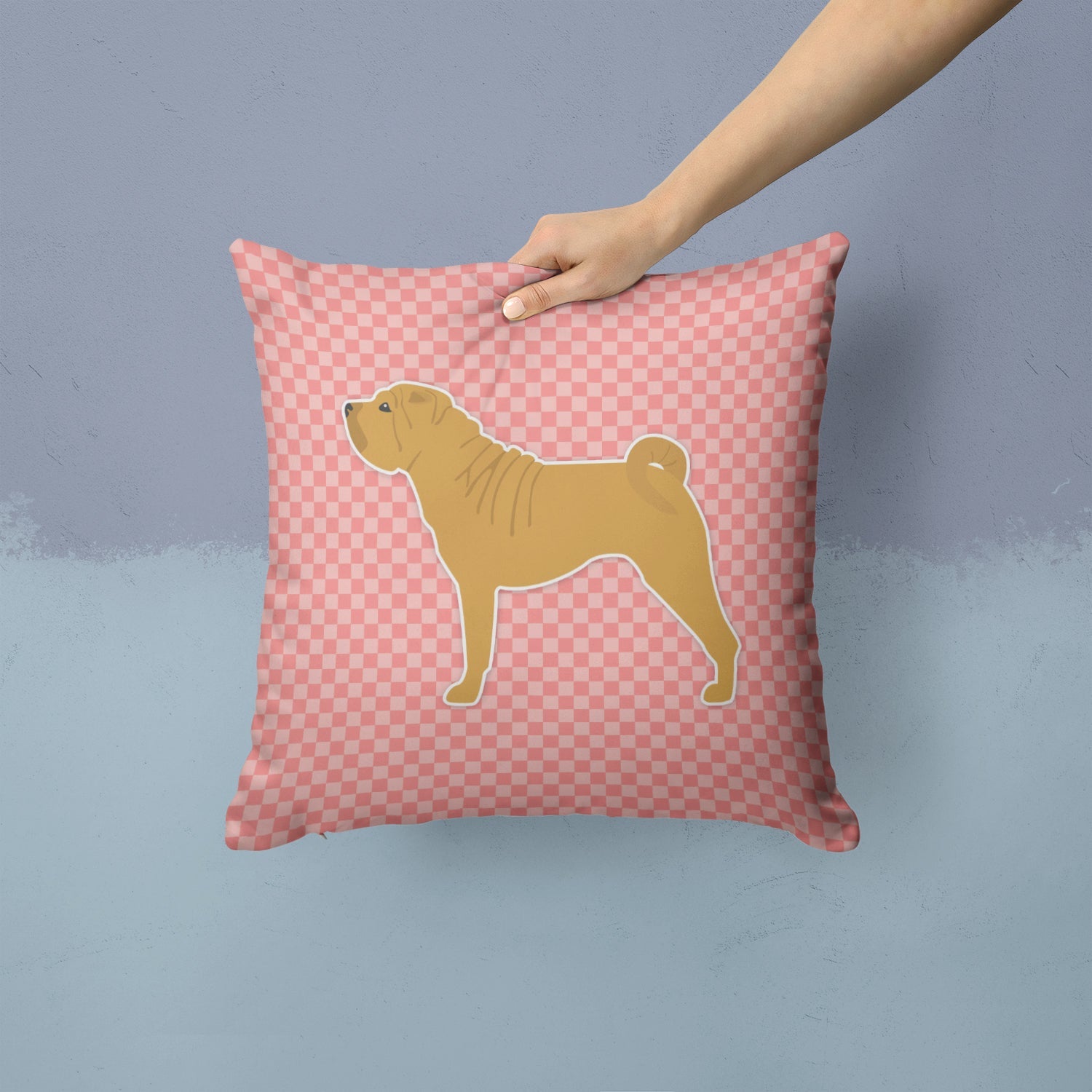 Shar Pei Merry Checkerboard Pink Decorative Throw Pillow 14x14 Indoor Outdoor Accent Cushion, Fabric Cover with Insert for Sofa, Bed, Porch & Living Room