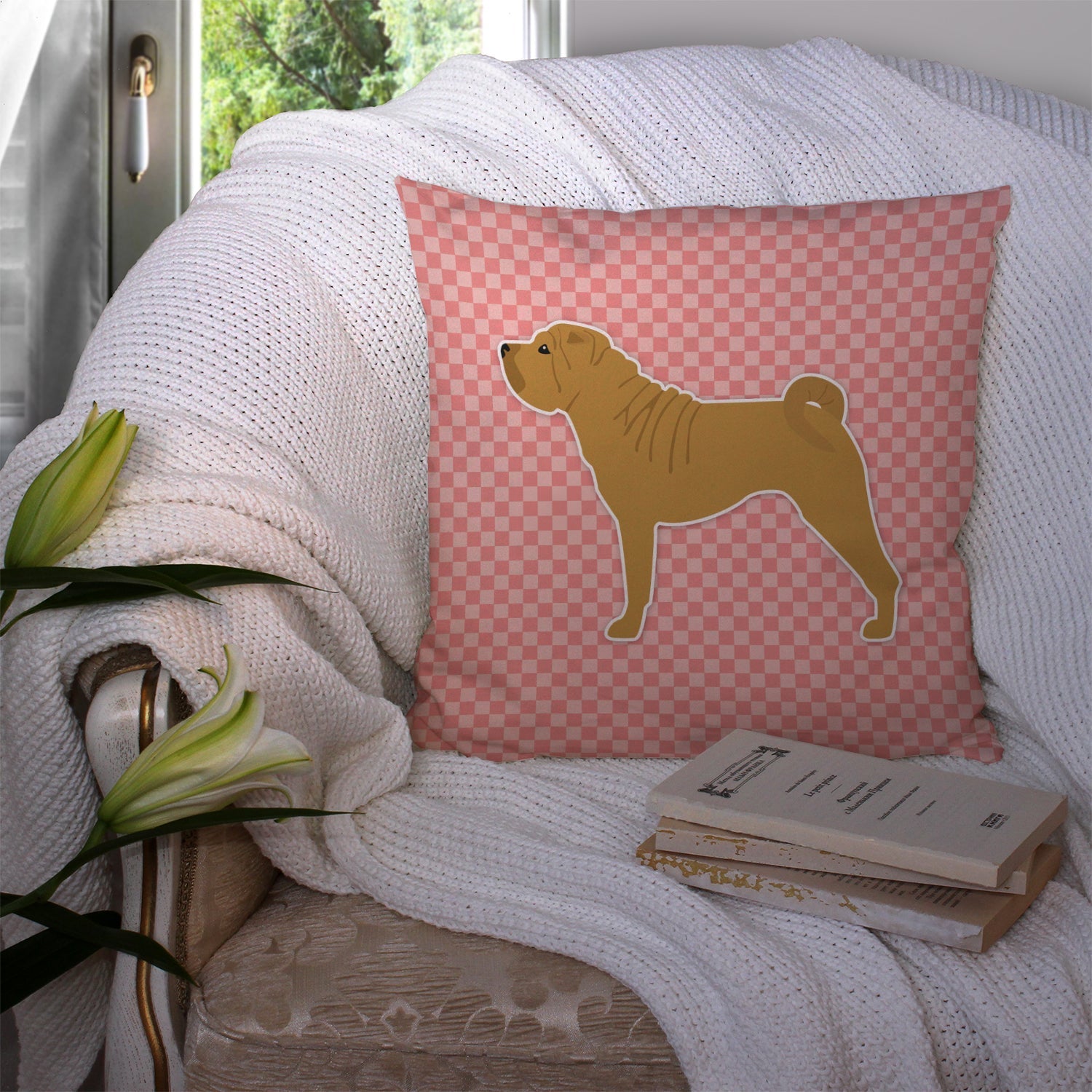 Shar Pei Merry Checkerboard Pink Decorative Throw Pillow 14x14 Indoor Outdoor Accent Cushion, Fabric Cover with Insert for Sofa, Bed, Porch & Living Room
