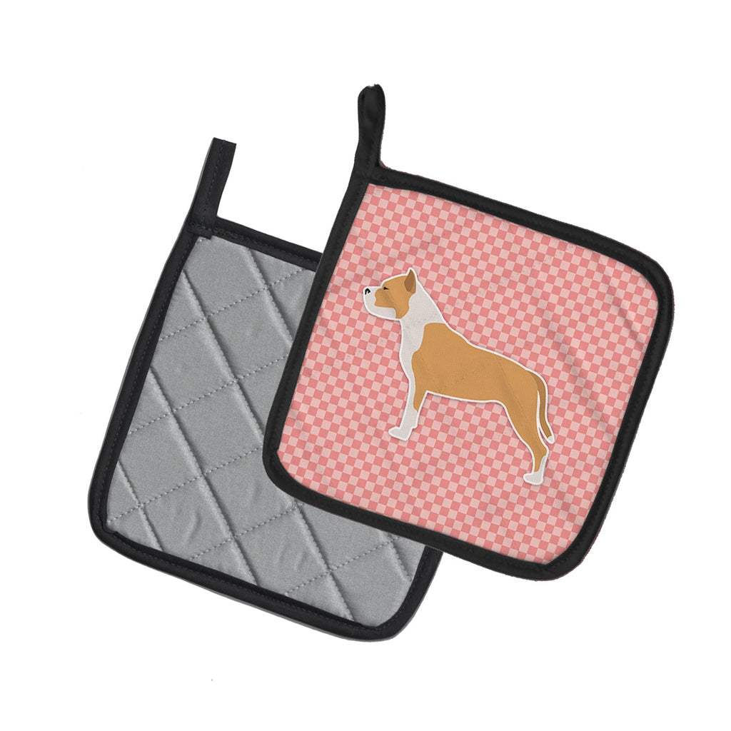 Staffordshire Bull Terrier Checkerboard Pink Pot Holder Set of 2 Heat Resistant Quilted Hot Pads 7.5 x 7.5 Inch, Insulated Kitchen Trivets for Cooking & Baking