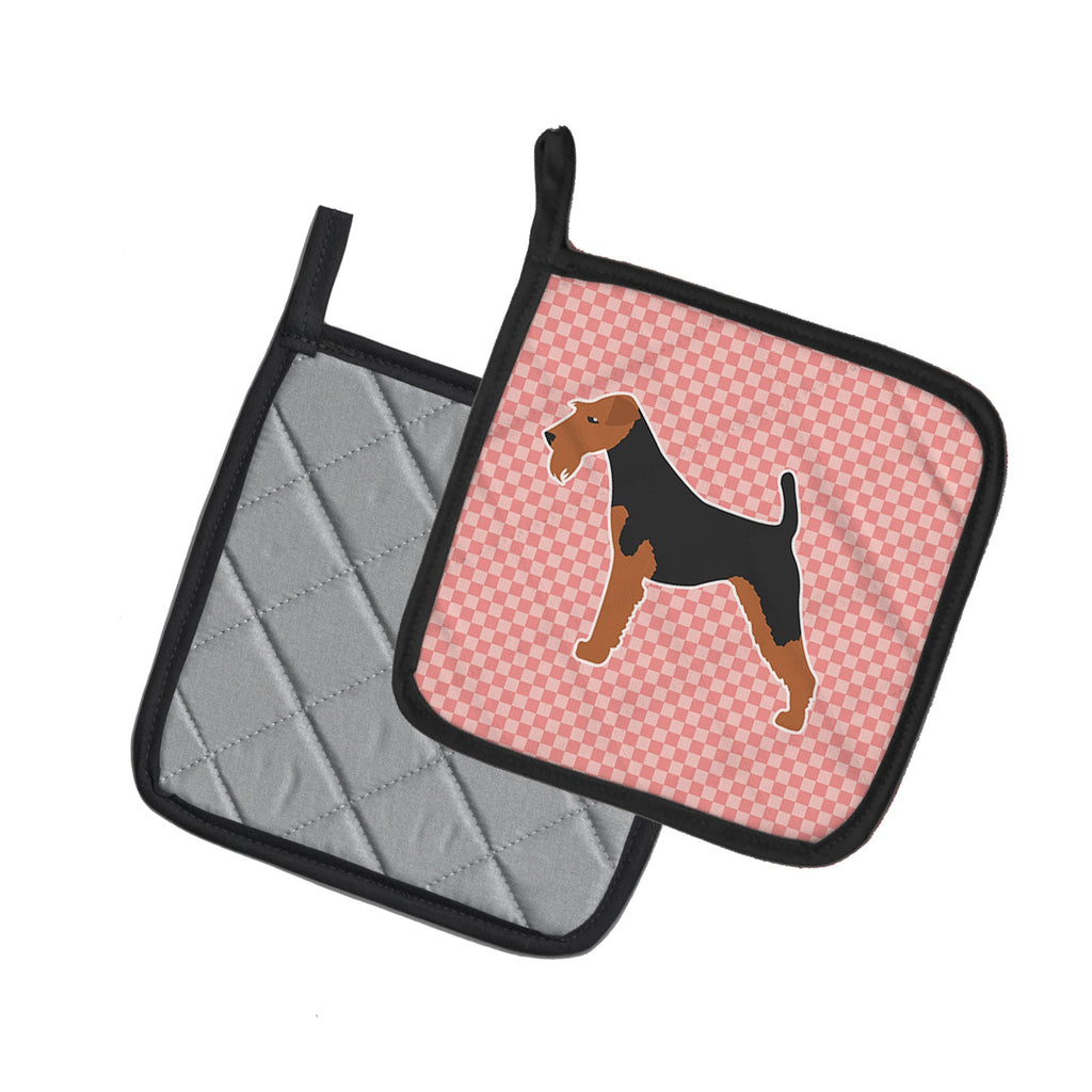 Airedale Terrier Checkerboard Pink Pot Holder Set of 2 Heat Resistant Quilted Hot Pads 7.5 x 7.5 Inch, Insulated Kitchen Trivets for Cooking & Baking