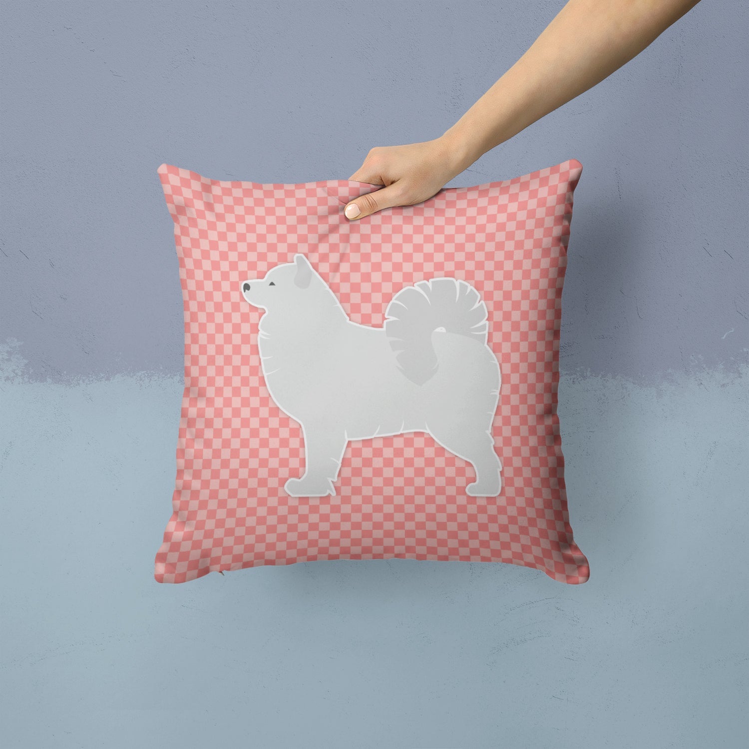 Samoyed Checkerboard Pink Decorative Throw Pillow 14x14 Indoor Outdoor Accent Cushion, Fabric Cover with Insert for Sofa, Bed, Porch & Living Room