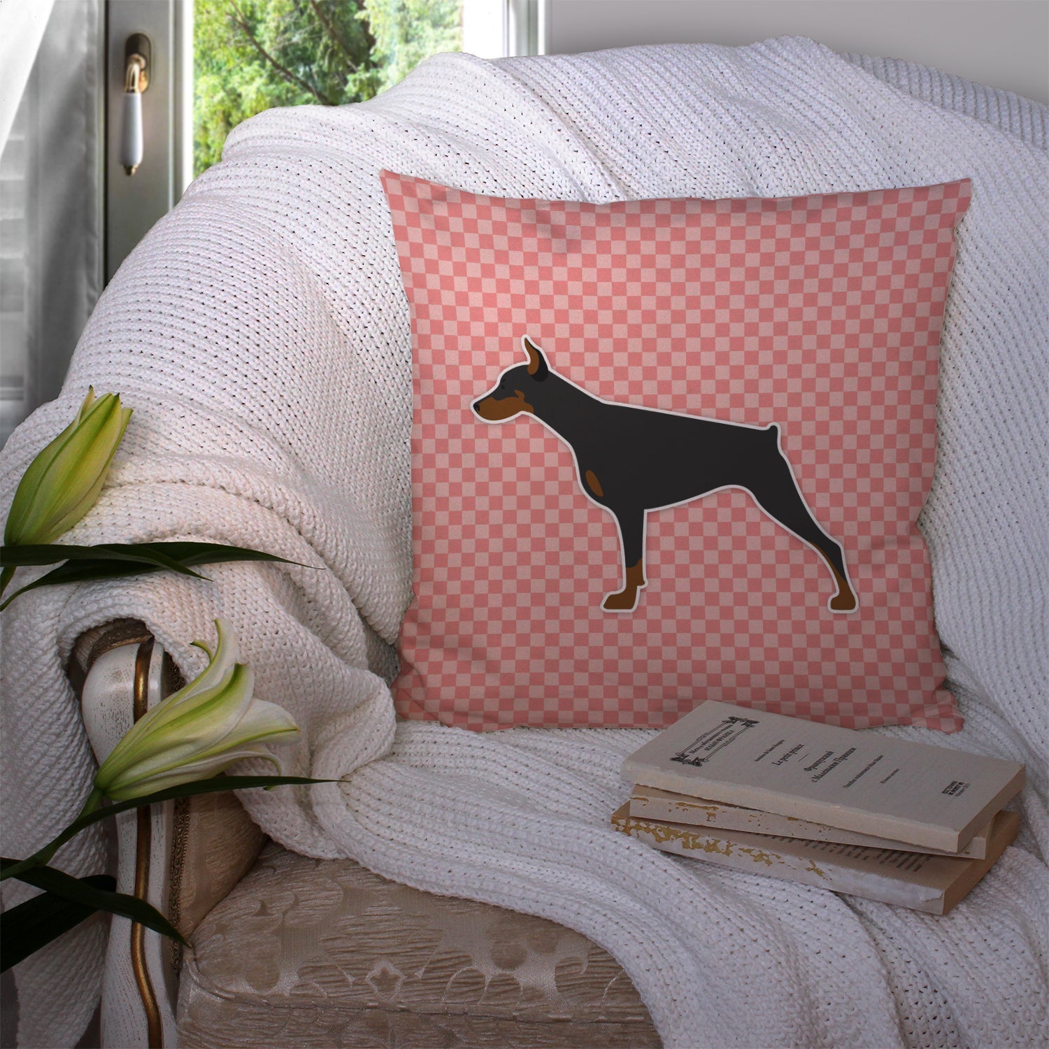 Doberman Pinscher Checkerboard Pink Decorative Throw Pillow 14x14 Indoor Outdoor Accent Cushion, Fabric Cover with Insert for Sofa, Bed, Porch & Living Room