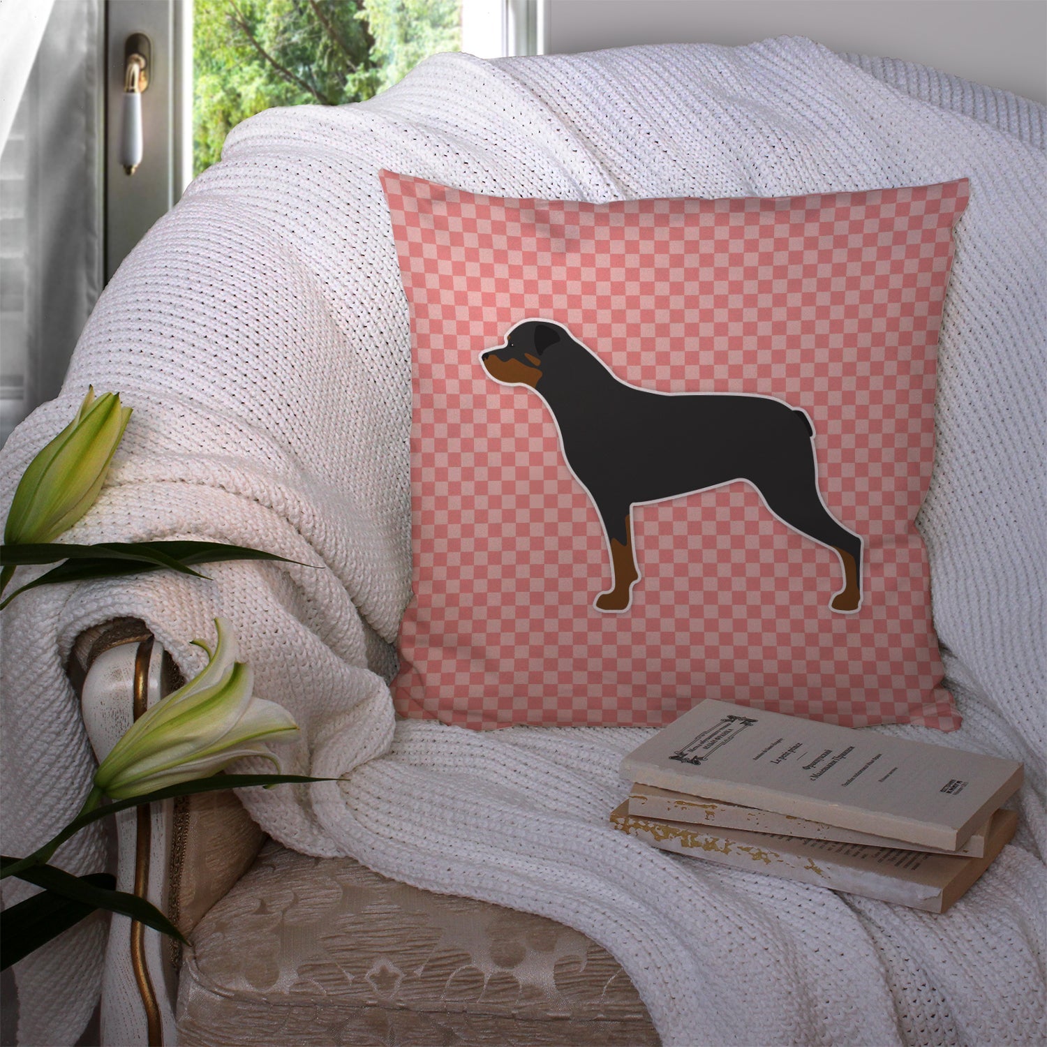Rottweiler Checkerboard Pink Decorative Throw Pillow 14x14 Indoor Outdoor Accent Cushion, Fabric Cover with Insert for Sofa, Bed, Porch & Living Room