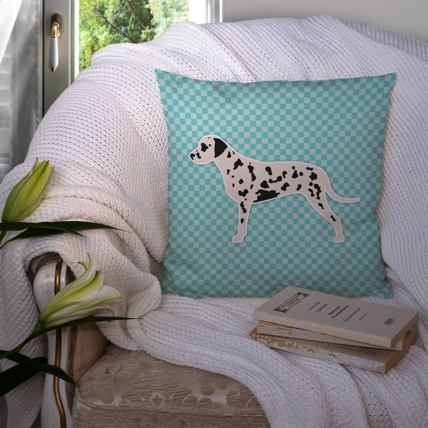 Dalmatian  Checkerboard Blue Decorative Throw Pillow 14x14 Indoor Outdoor Accent Cushion, Fabric Cover with Insert for Sofa, Bed, Porch & Living Room