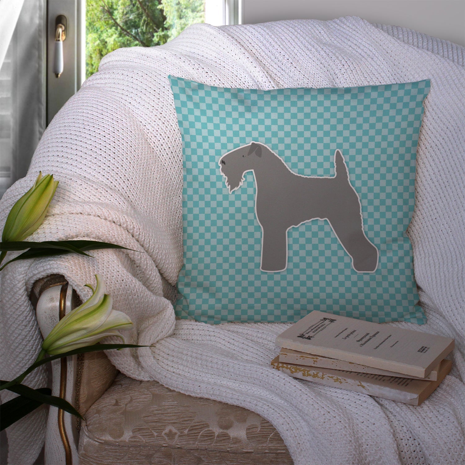Kerry Blue Terrier  Checkerboard Blue Decorative Throw Pillow 14x14 Indoor Outdoor Accent Cushion, Fabric Cover with Insert for Sofa, Bed, Porch & Living Room