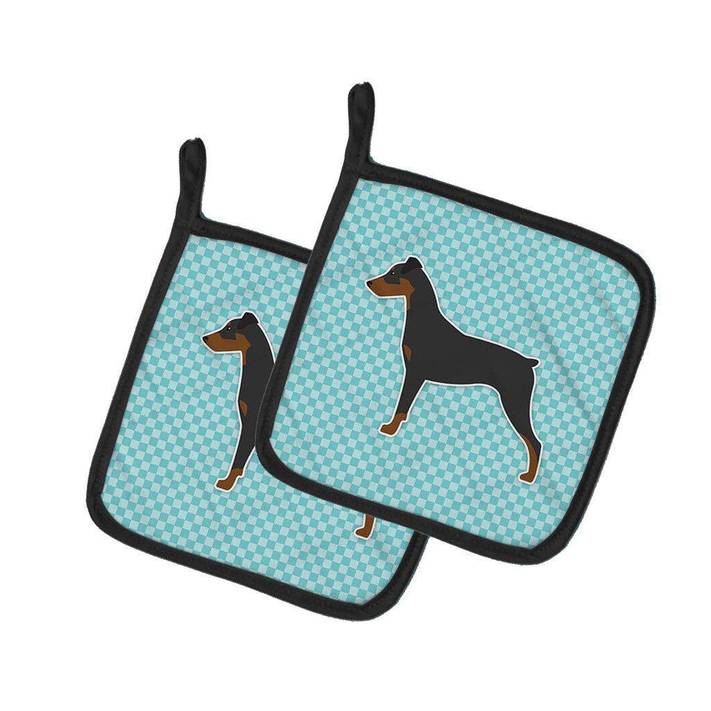 German Pinscher Checkerboard Blue Pot Holder Set of 2 Heat Resistant Quilted Hot Pads 7.5 x 7.5 Inch, Insulated Kitchen Trivets for Cooking & Baking