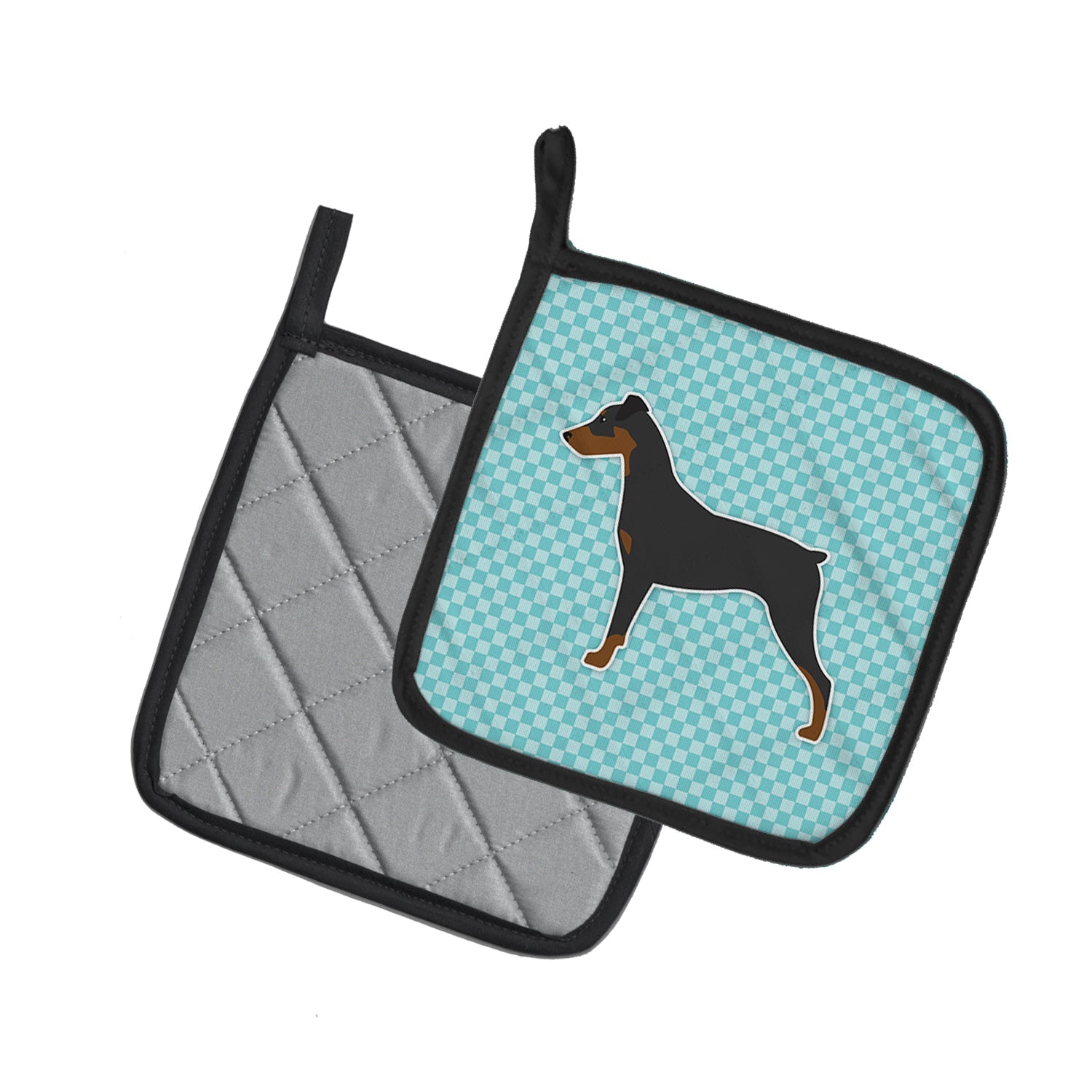 German Pinscher Checkerboard Blue Pot Holder Set of 2 Heat Resistant Quilted Hot Pads 7.5 x 7.5 Inch, Insulated Kitchen Trivets for Cooking & Baking