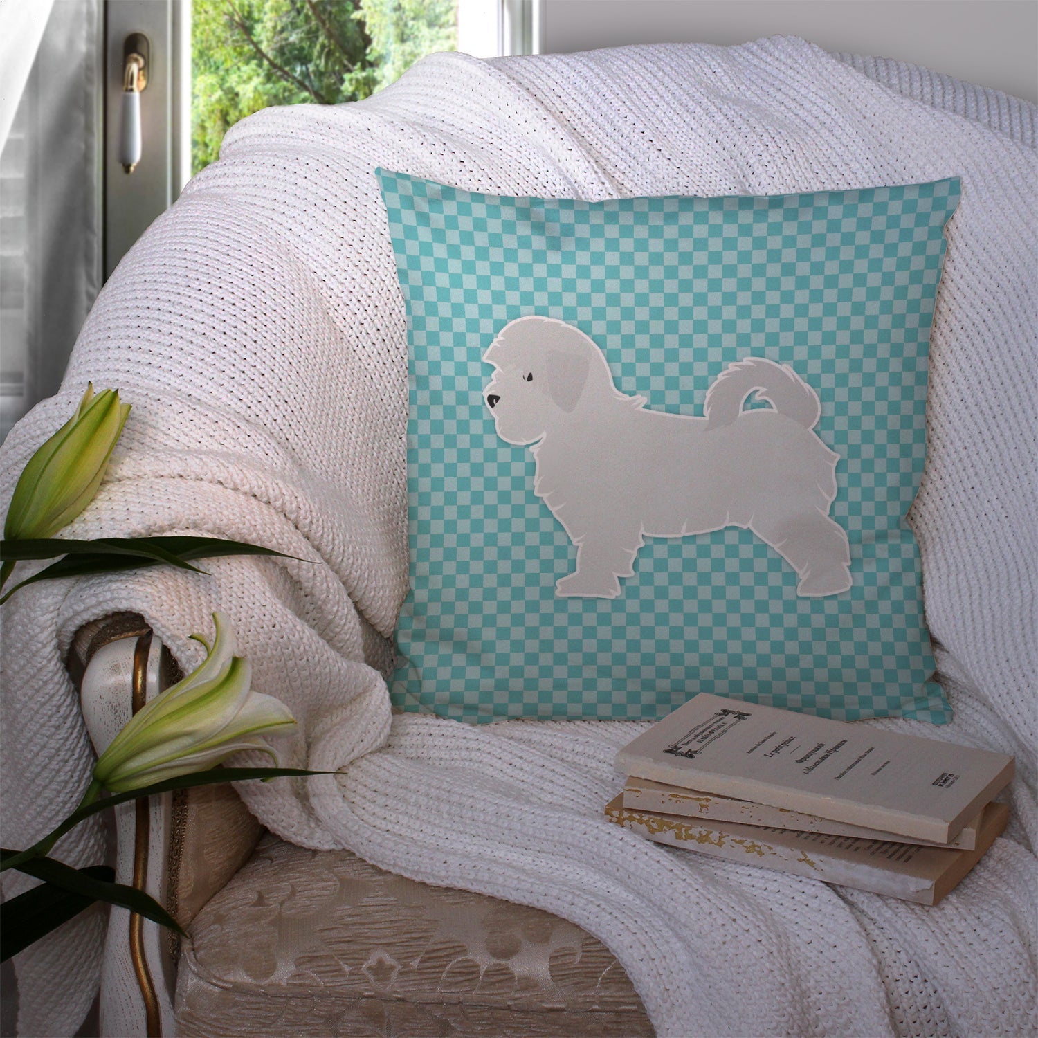 Maltese Checkerboard Blue Decorative Throw Pillow 14x14 Indoor Outdoor Accent Cushion, Fabric Cover with Insert for Sofa, Bed, Porch & Living Room
