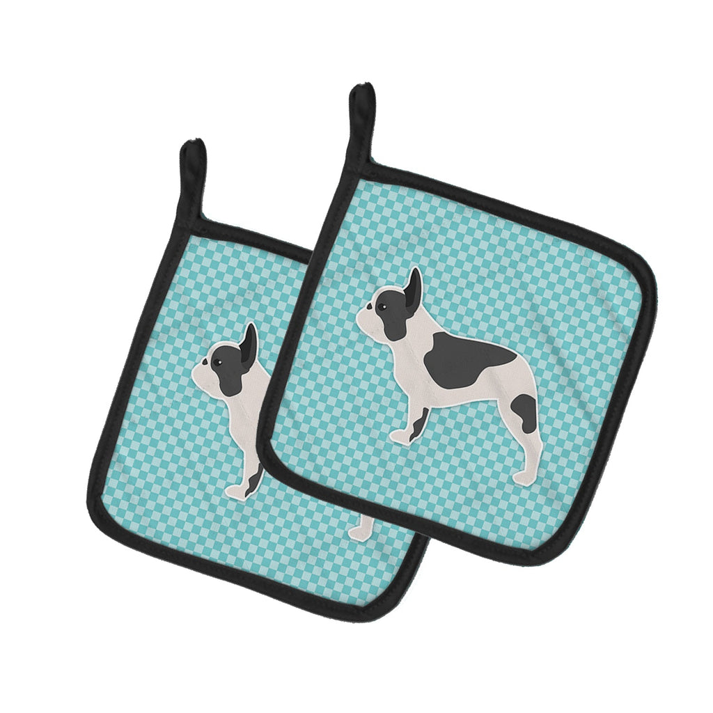 French Bulldog Checkerboard Blue Pot Holder Set of 2 Heat Resistant Quilted Hot Pads 7.5 x 7.5 Inch, Insulated Kitchen Trivets for Cooking & Baking