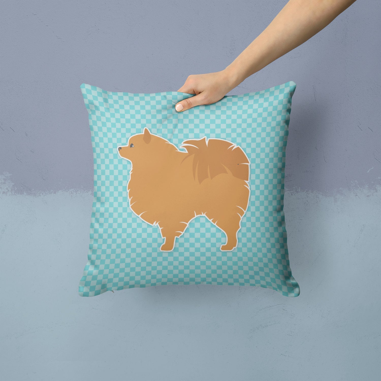 Pomeranian Checkerboard Blue Decorative Throw Pillow 14x14 Indoor Outdoor Accent Cushion, Fabric Cover with Insert for Sofa, Bed, Porch & Living Room